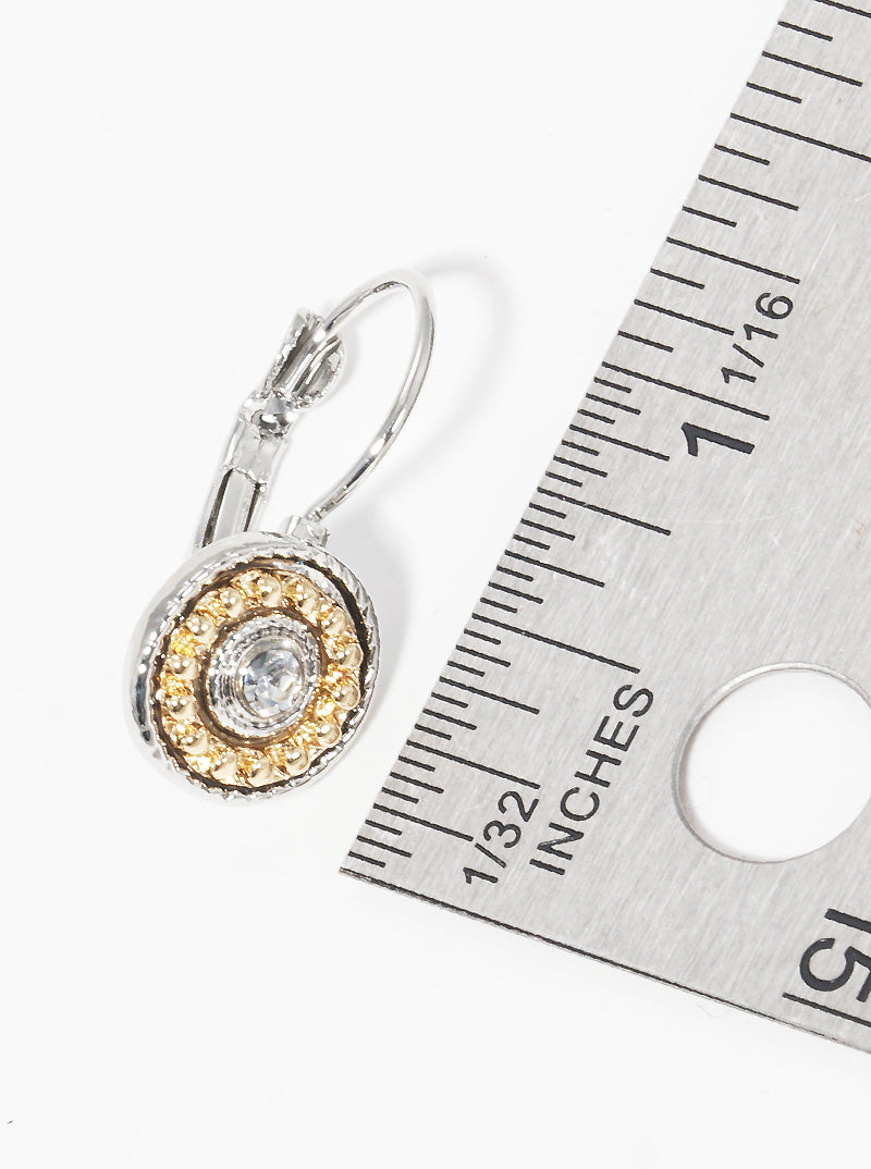 Crystal Pave Textured Metal Two Tone Round Leverback Clip Earrings