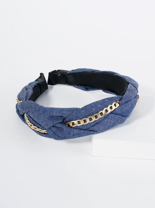 Cuban Link Chain Braided Denim Headband