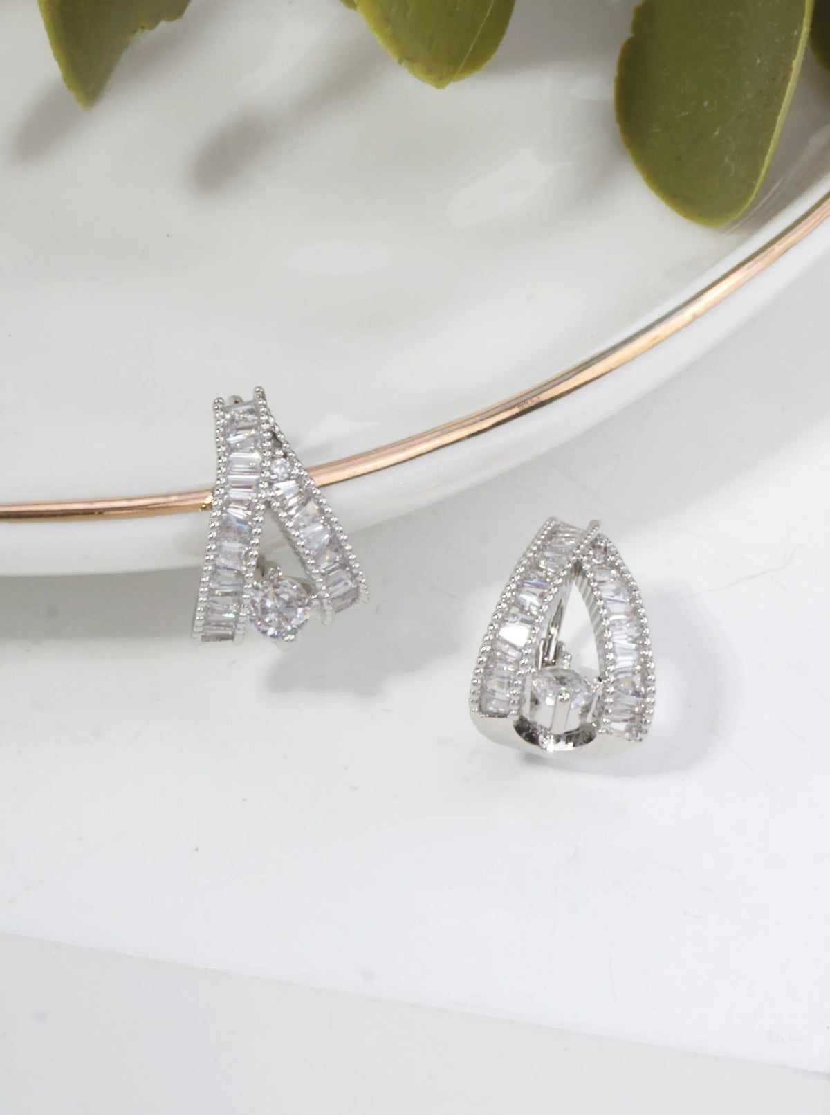 Cubic Zirconia Baguette Criss Cross Hoop Earrings - White Gold Clear