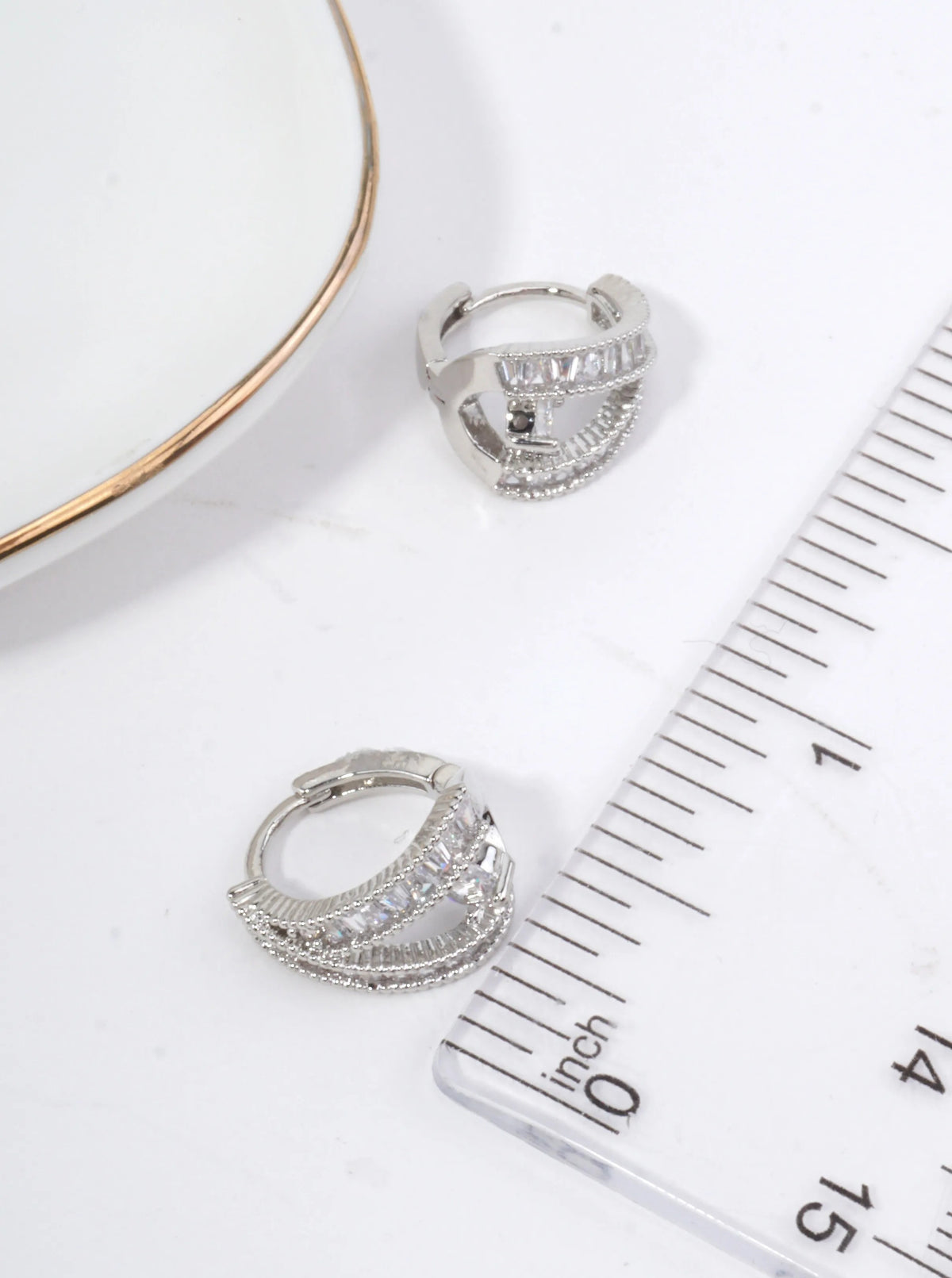 Cubic Zirconia Baguette Criss Cross Hoop Earrings - White Gold Clear