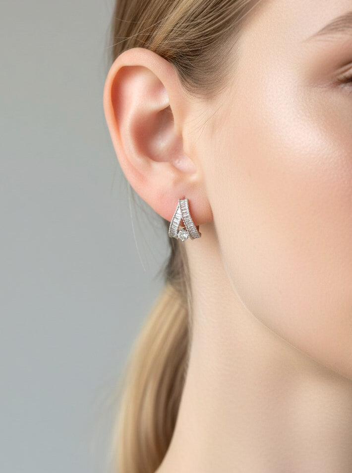 Cubic Zirconia Baguette Criss Cross Hoop Earrings - White Gold Clear