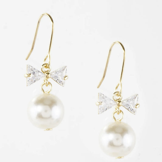 Cubic Zirconia Bow Pearl Drop Earrings