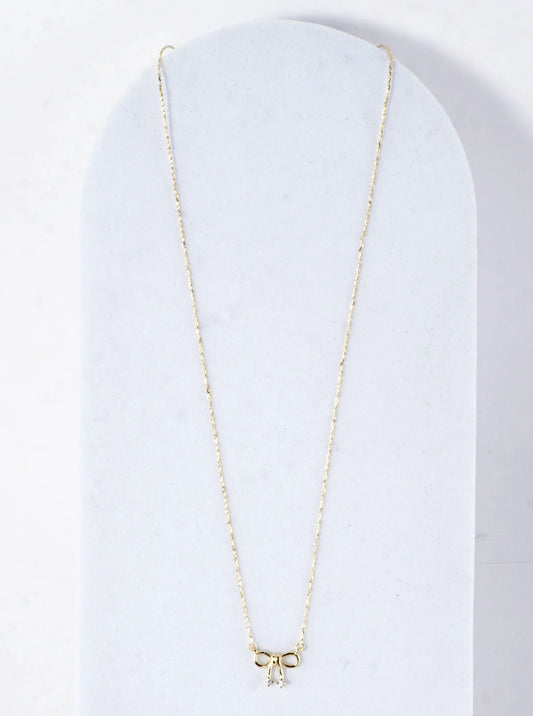 Cubic Zirconia Bow Ribbon Pendant Brass Necklace
