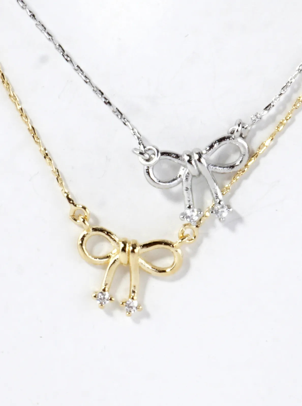 Cubic Zirconia Bow Ribbon Pendant Brass Necklace