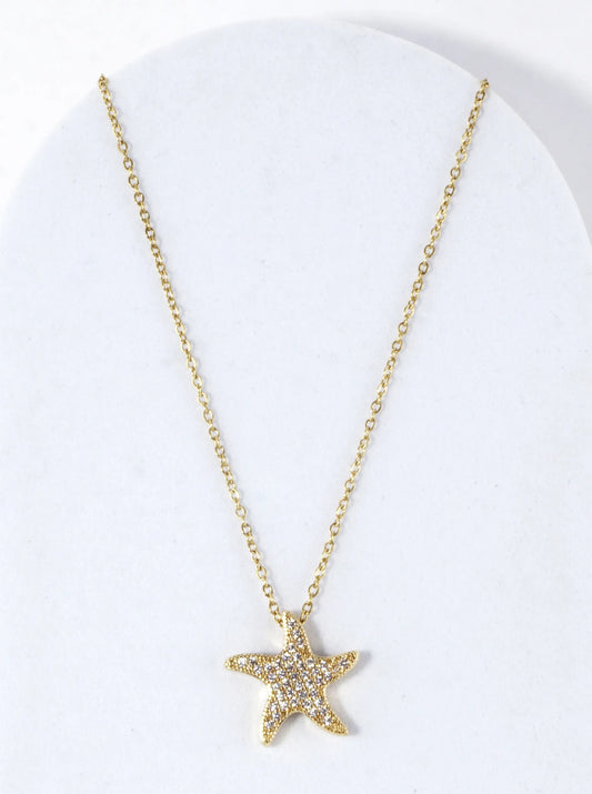 Cubic Zirconia Pave Brass Starfish Necklace