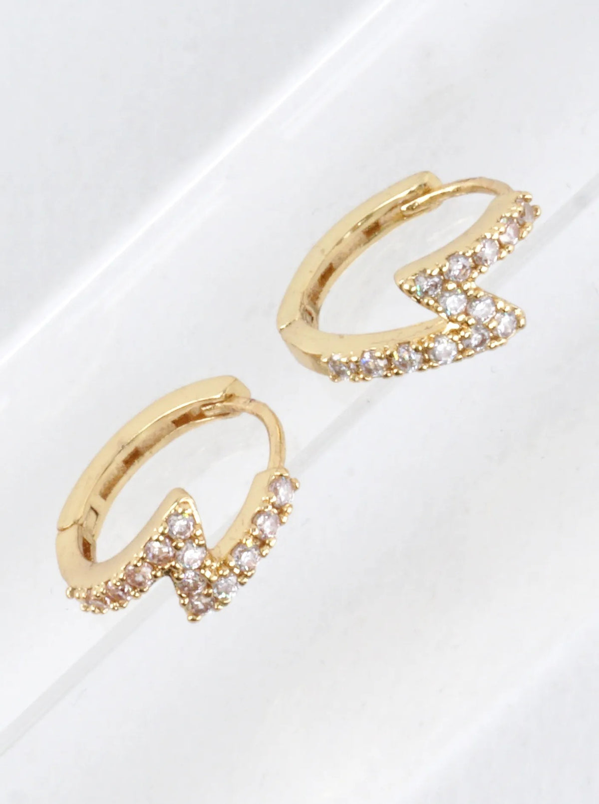 Cubic Zirconia Pave Lightning Bolt Hoop Earrings - Gold Dipped Clear