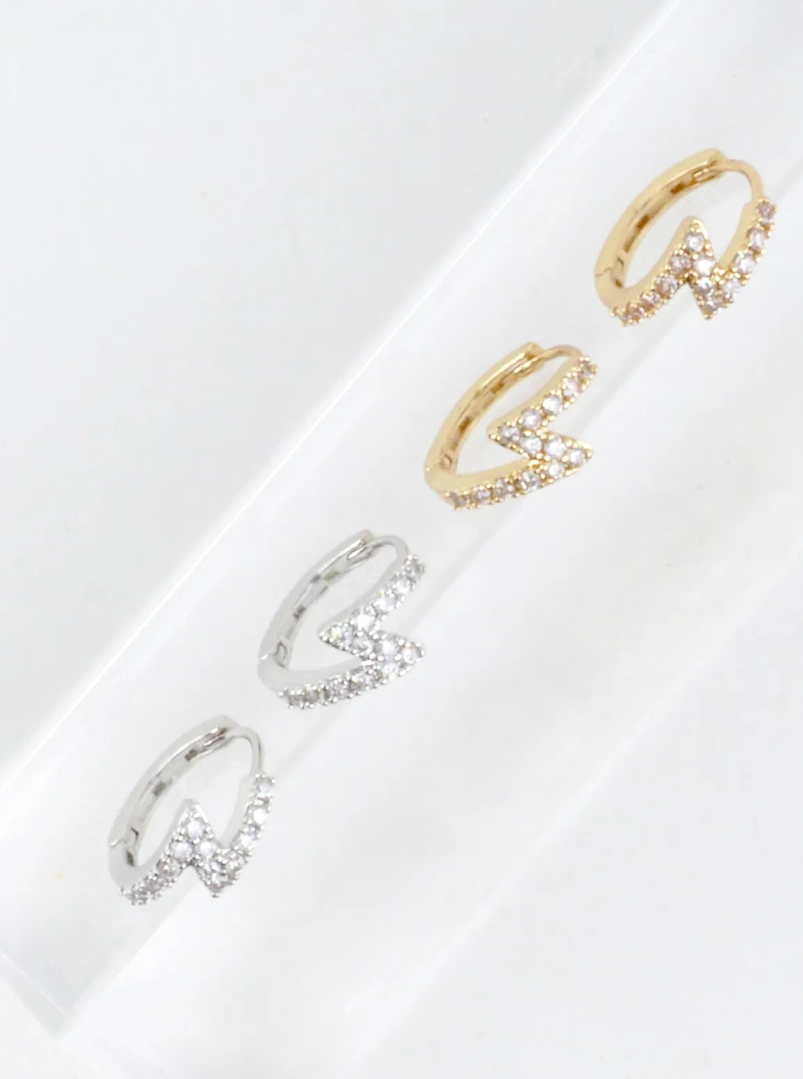 Cubic Zirconia Pave Lightning Bolt Hoop Earrings - Gold Dipped Clear