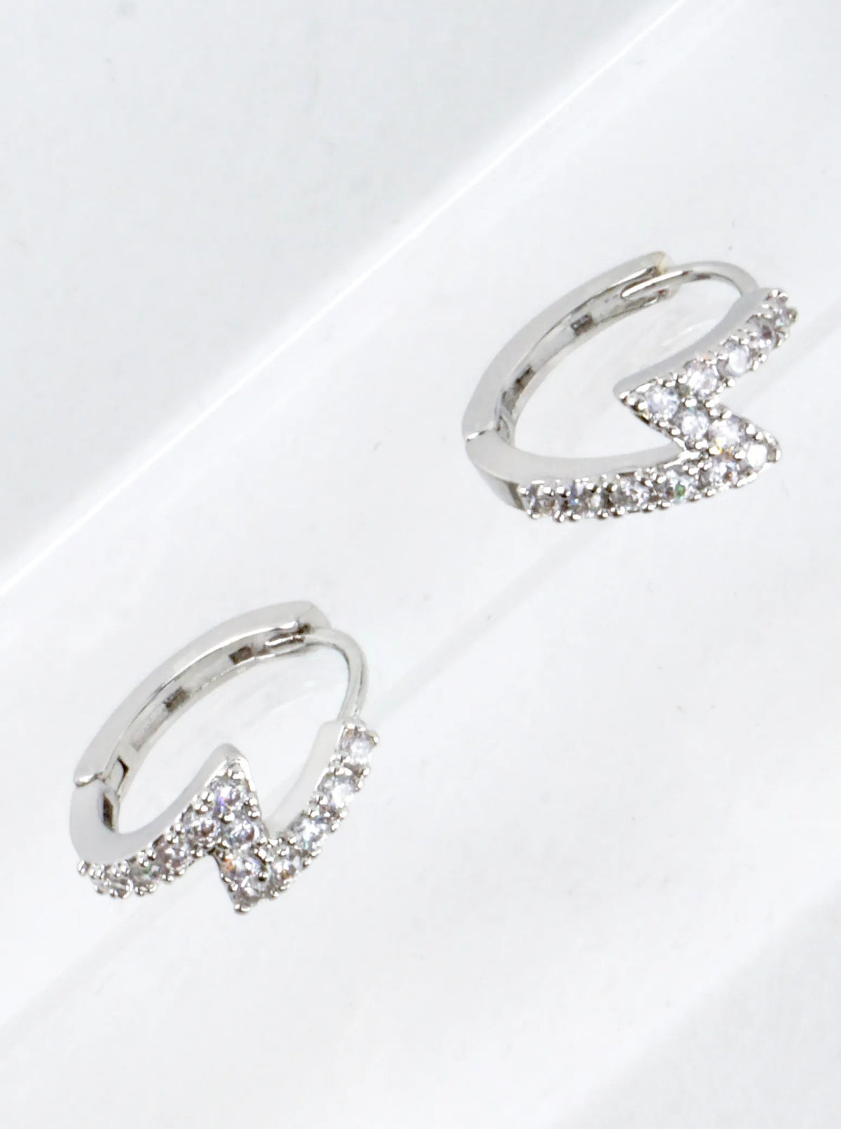 Cubic Zirconia Pave Lightning Bolt Hoop Earrings - White Gold Clear