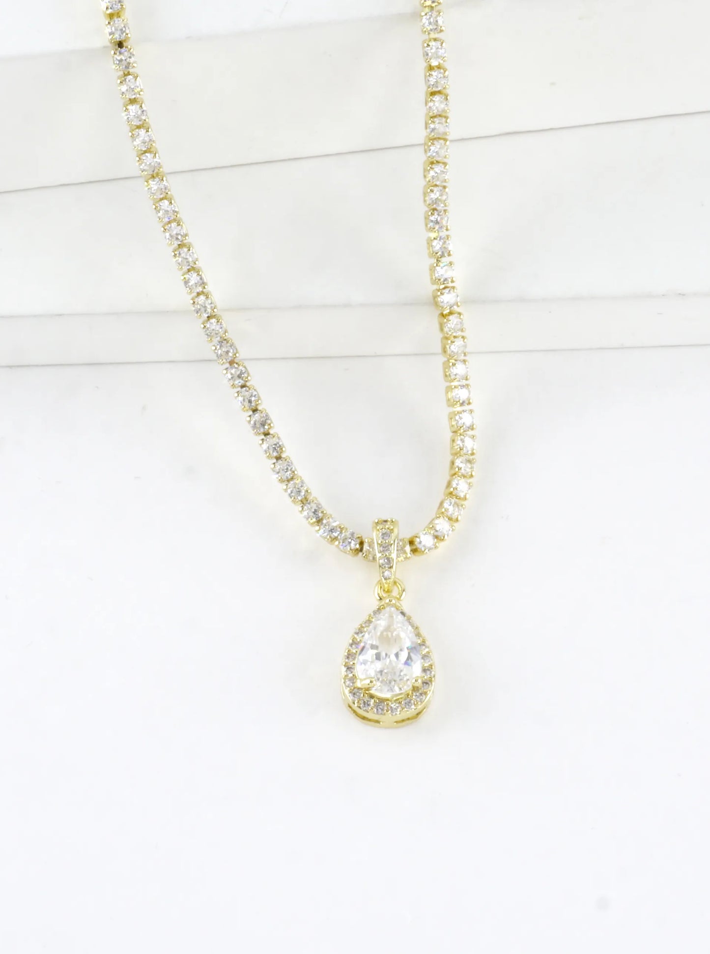 Cubic Zirconia Pear-Cut Halo Tennis Necklace