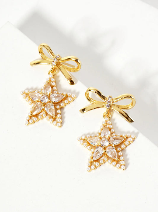 Cubic-Zirconia Pearl-Beaded Star Drop 18K-Gold-Dipped Bow Earrings