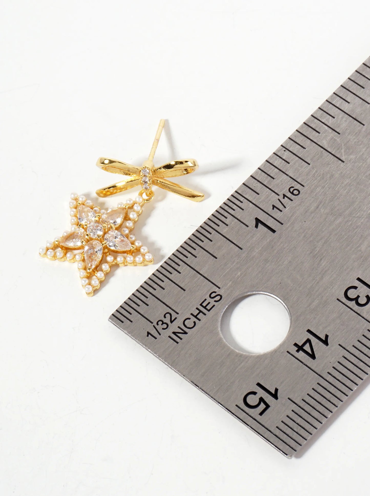 Cubic-Zirconia Pearl-Beaded Star Drop 18K-Gold-Dipped Bow Earrings