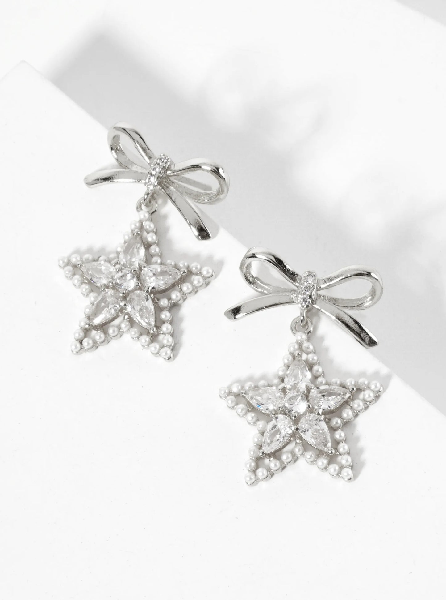 Cubic-Zirconia Pearl-Beaded Star Drop 18K-Gold-Dipped Bow Earrings