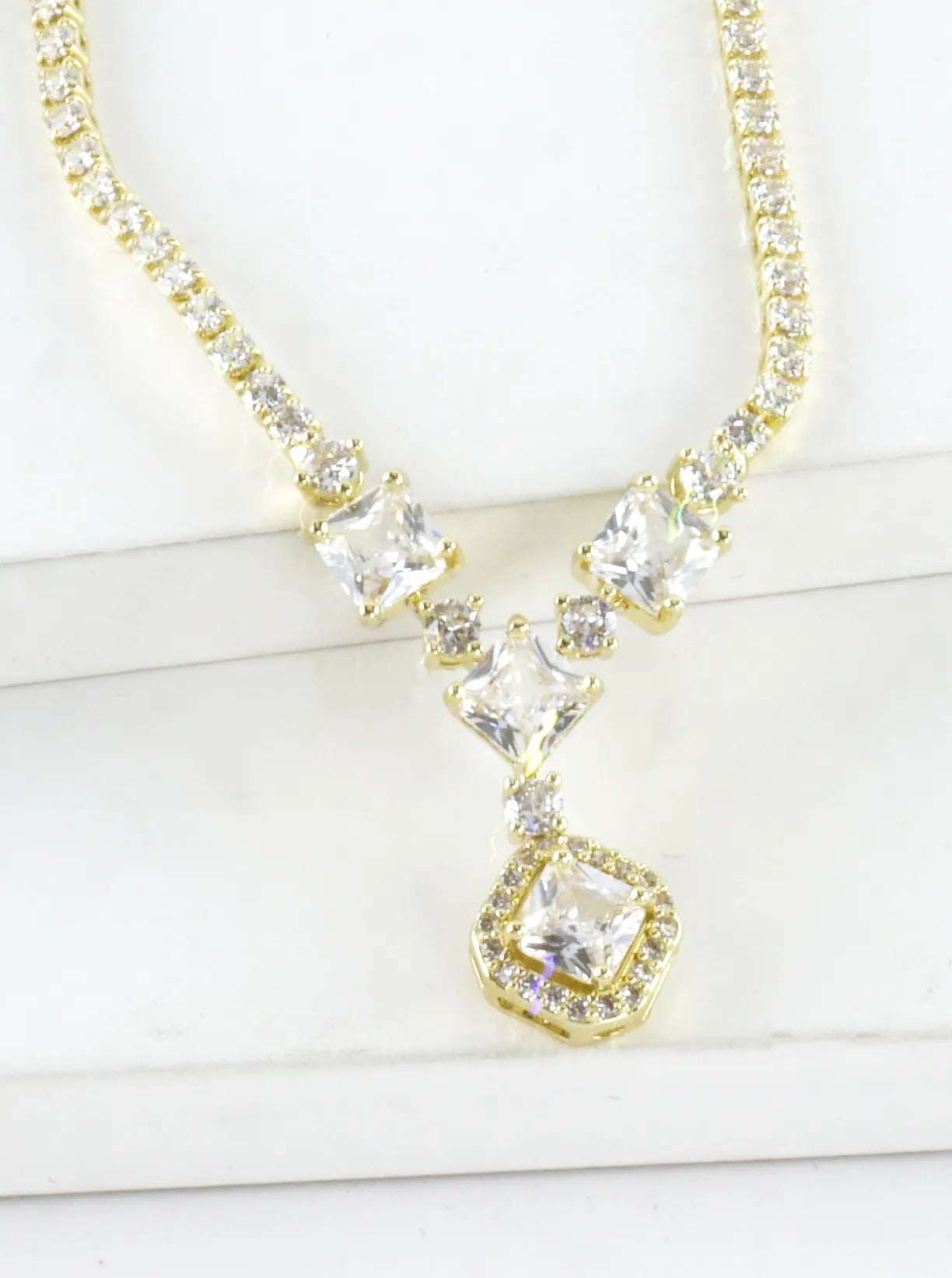 Cubic Zirconia Princess Cut Y-Drop Tennis Necklace