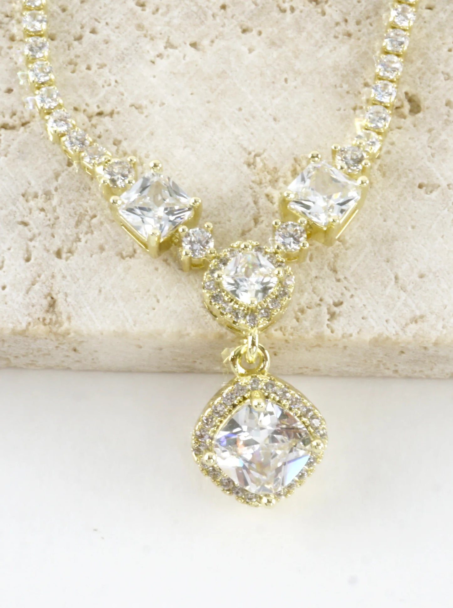 Cubic Zirconia Square Halo Y-Drop Tennis Necklace