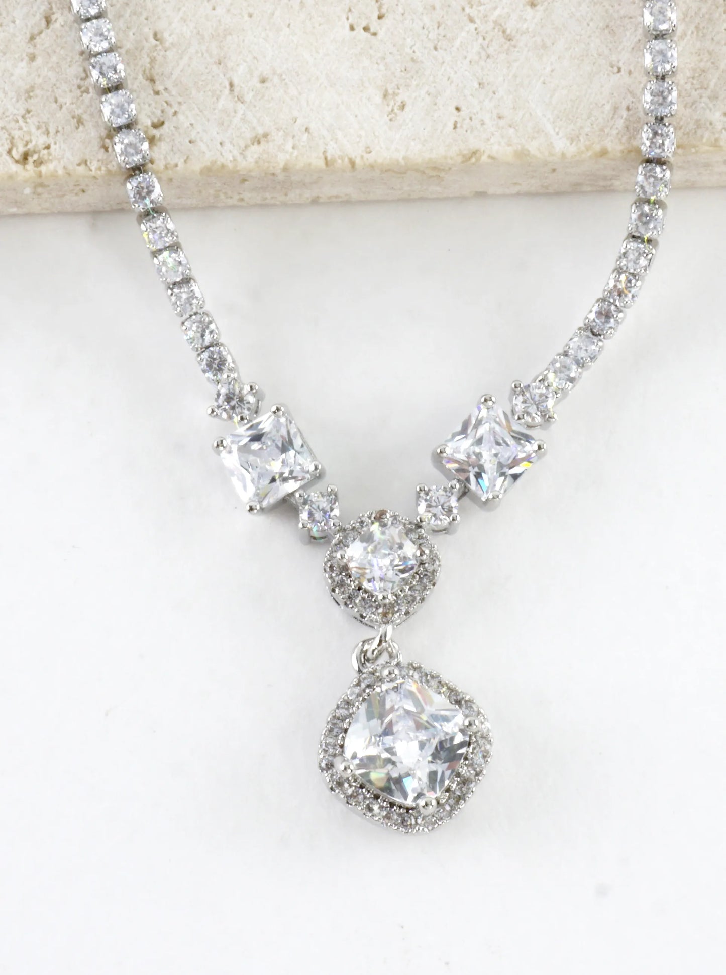 Cubic Zirconia Square Halo Y-Drop Tennis Necklace