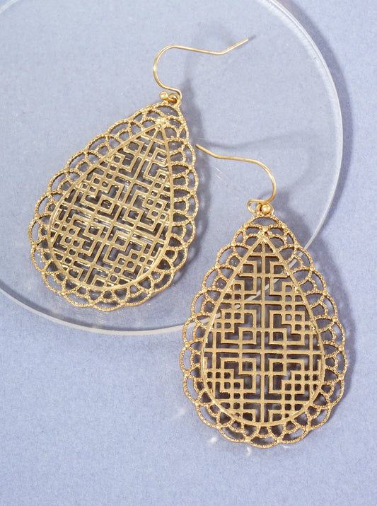 Curved-Embellished Filigree Teardrop Dangle Earrings