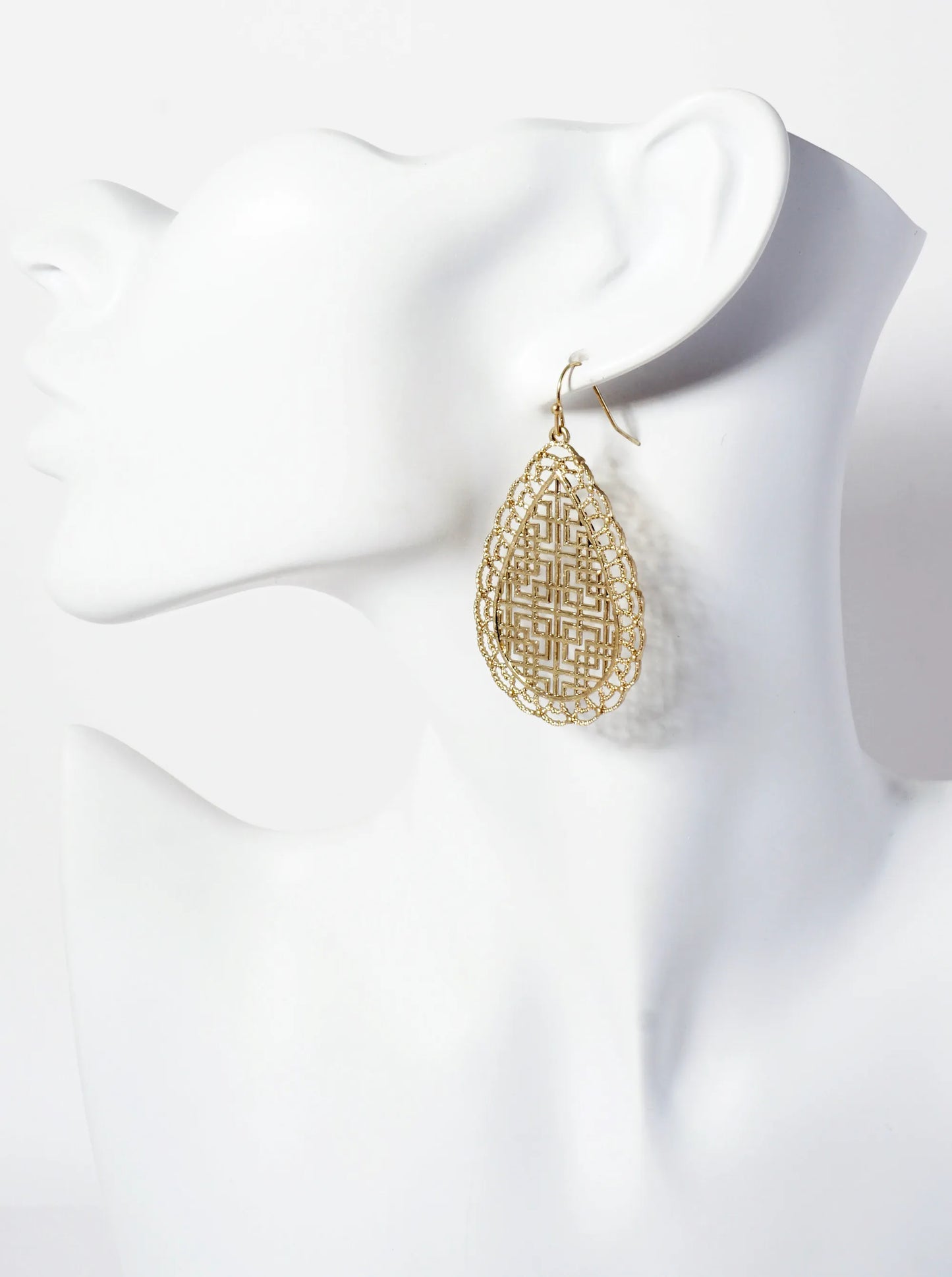 Curved-Embellished Filigree Teardrop Dangle Earrings