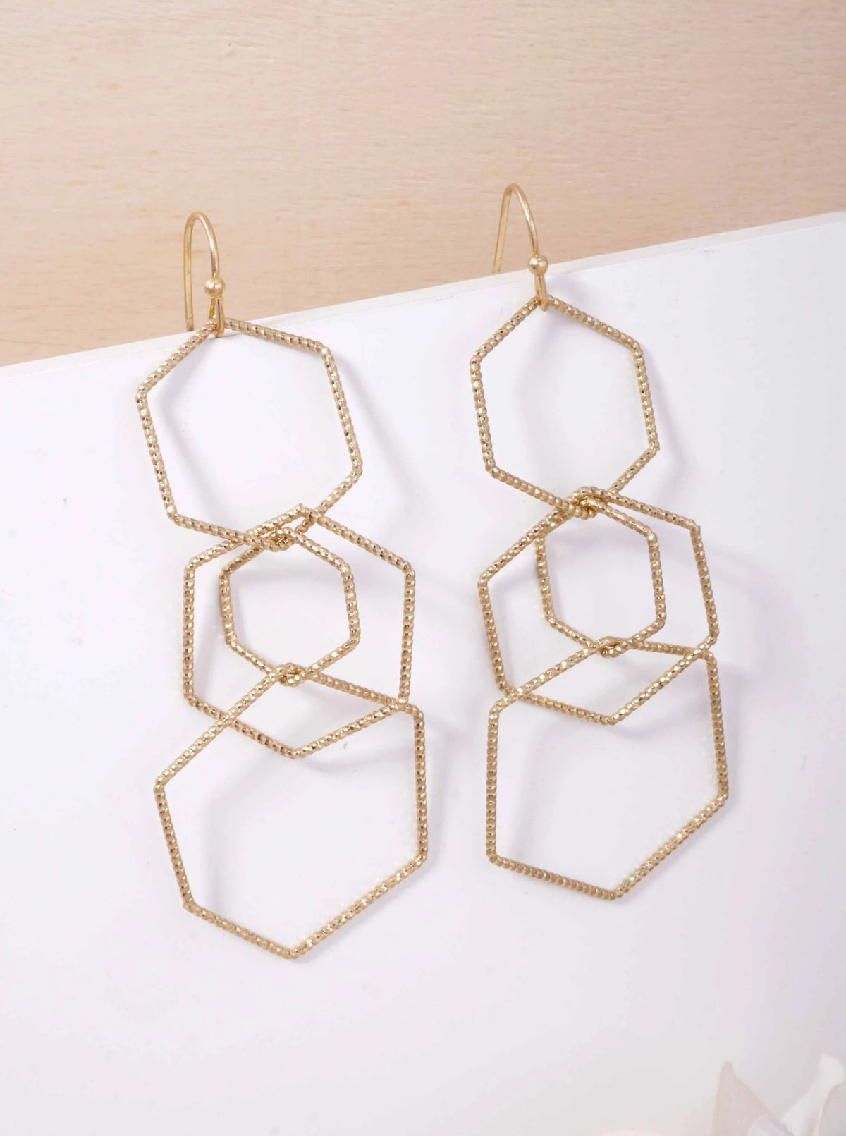 Cut-Out Hexagon Linked Matte Hook Earrings - Worn Gold