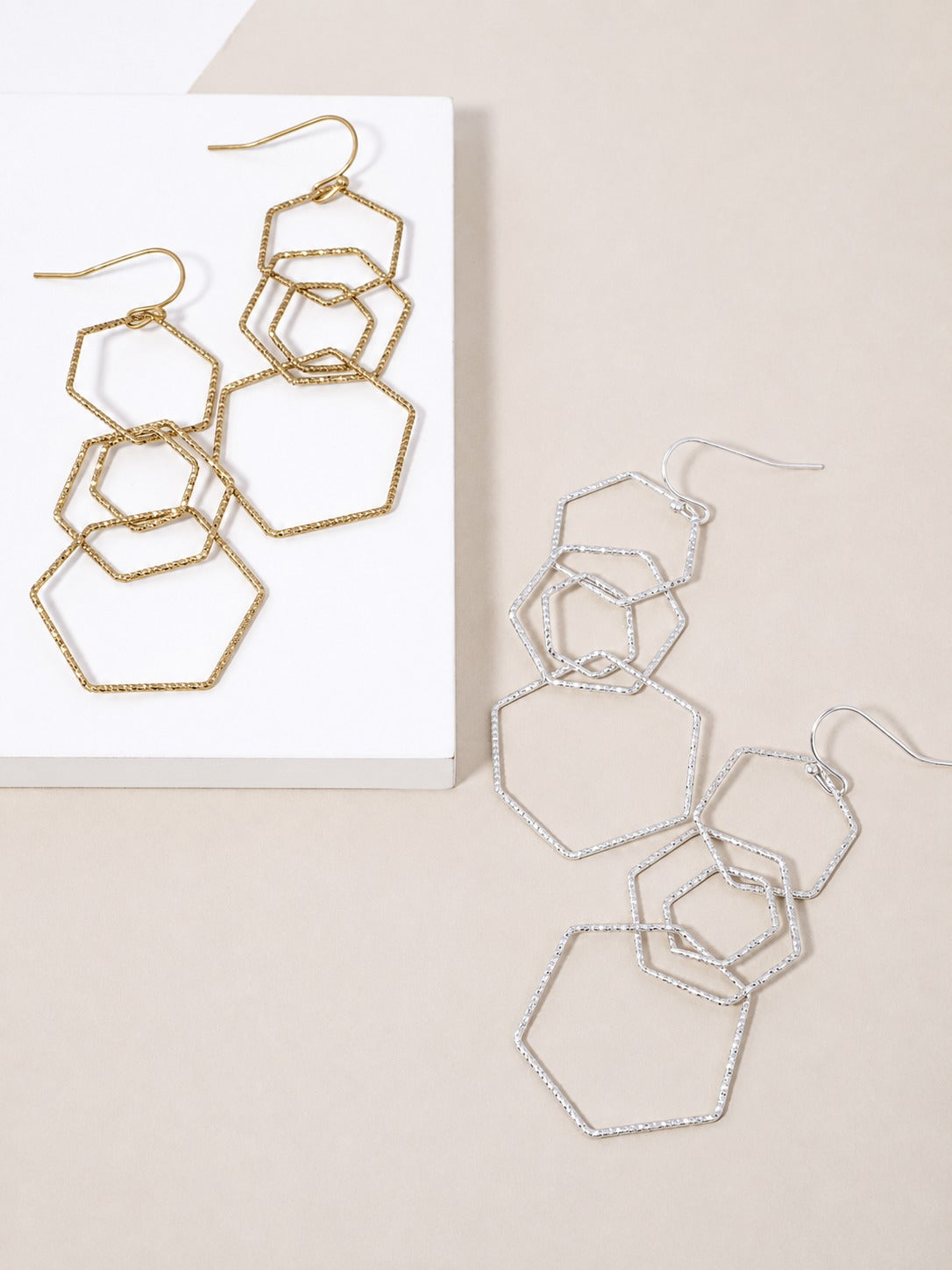 Cut-Out Hexagon Linked Matte Hook Earrings - Worn Gold