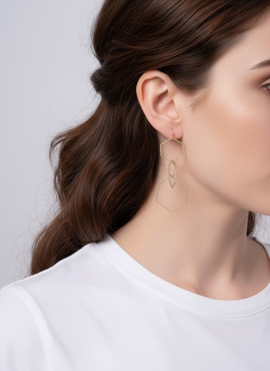 Cut-Out Hexagon Linked Matte Hook Earrings - Worn Gold