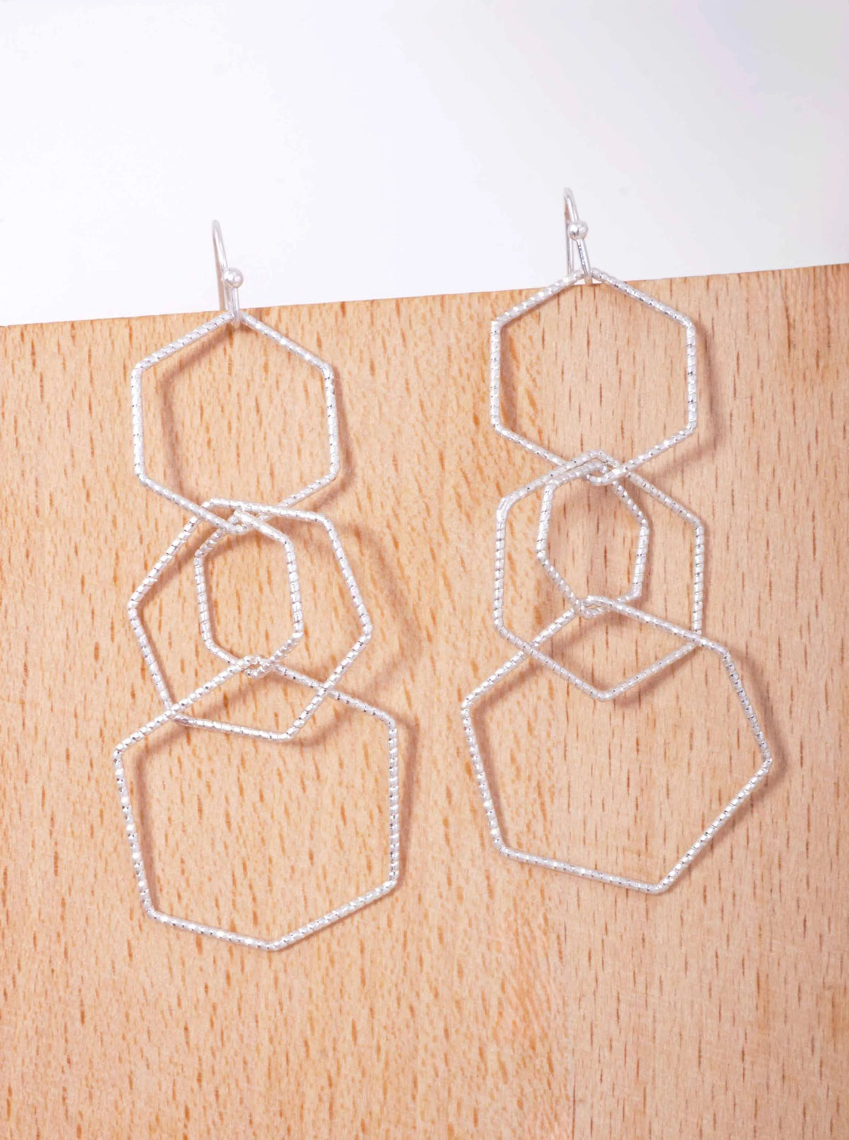 Cut-Out Hexagon Linked Matte Hook Earrings - Worn Silver