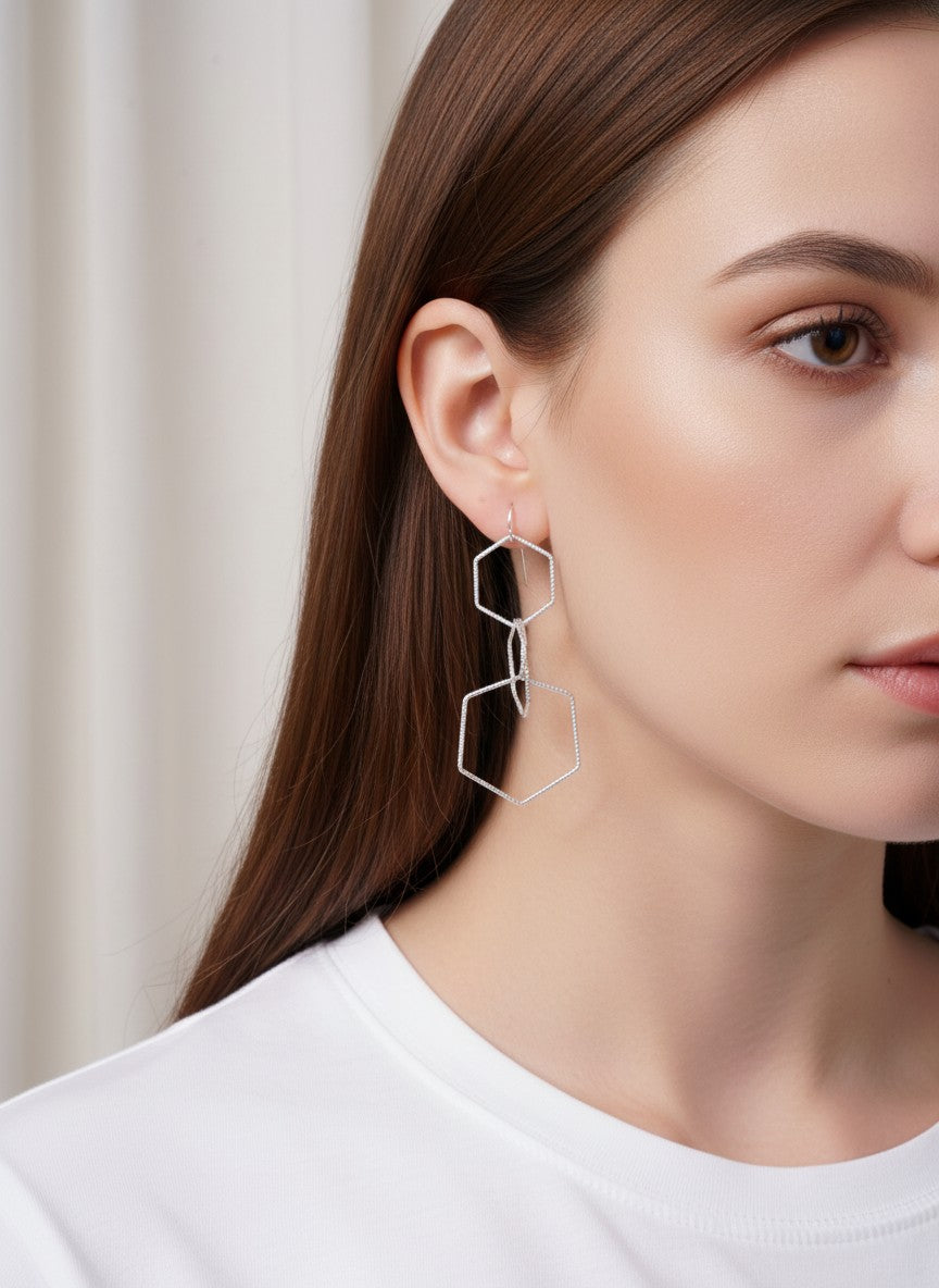 Cut-Out Hexagon Linked Matte Hook Earrings - Worn Silver