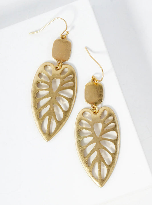 Cutout Tropical Leaf Drop Metal Earrings
