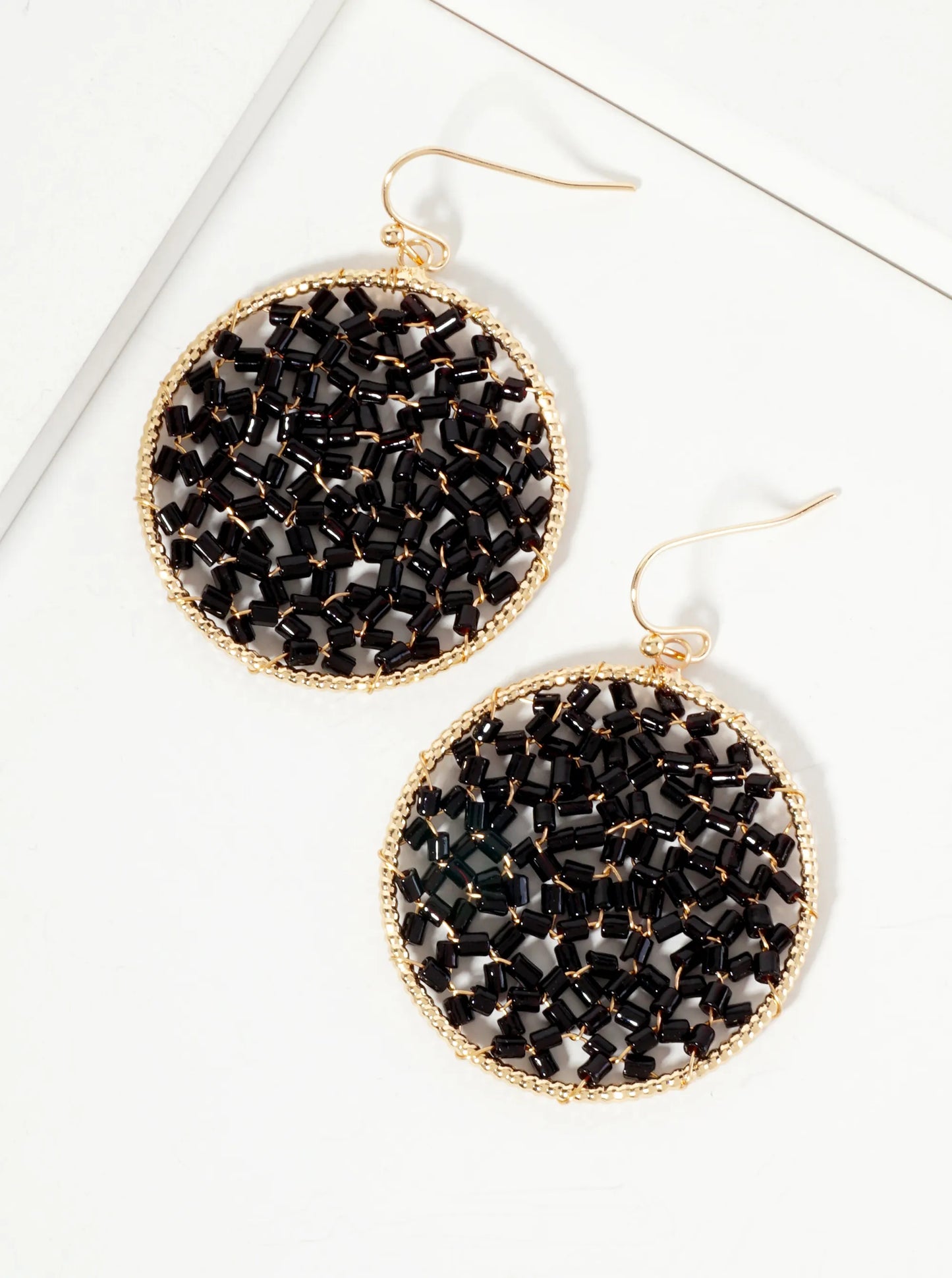 Cylinder-Bead Wire-Wrapped Circle Drop Earrings