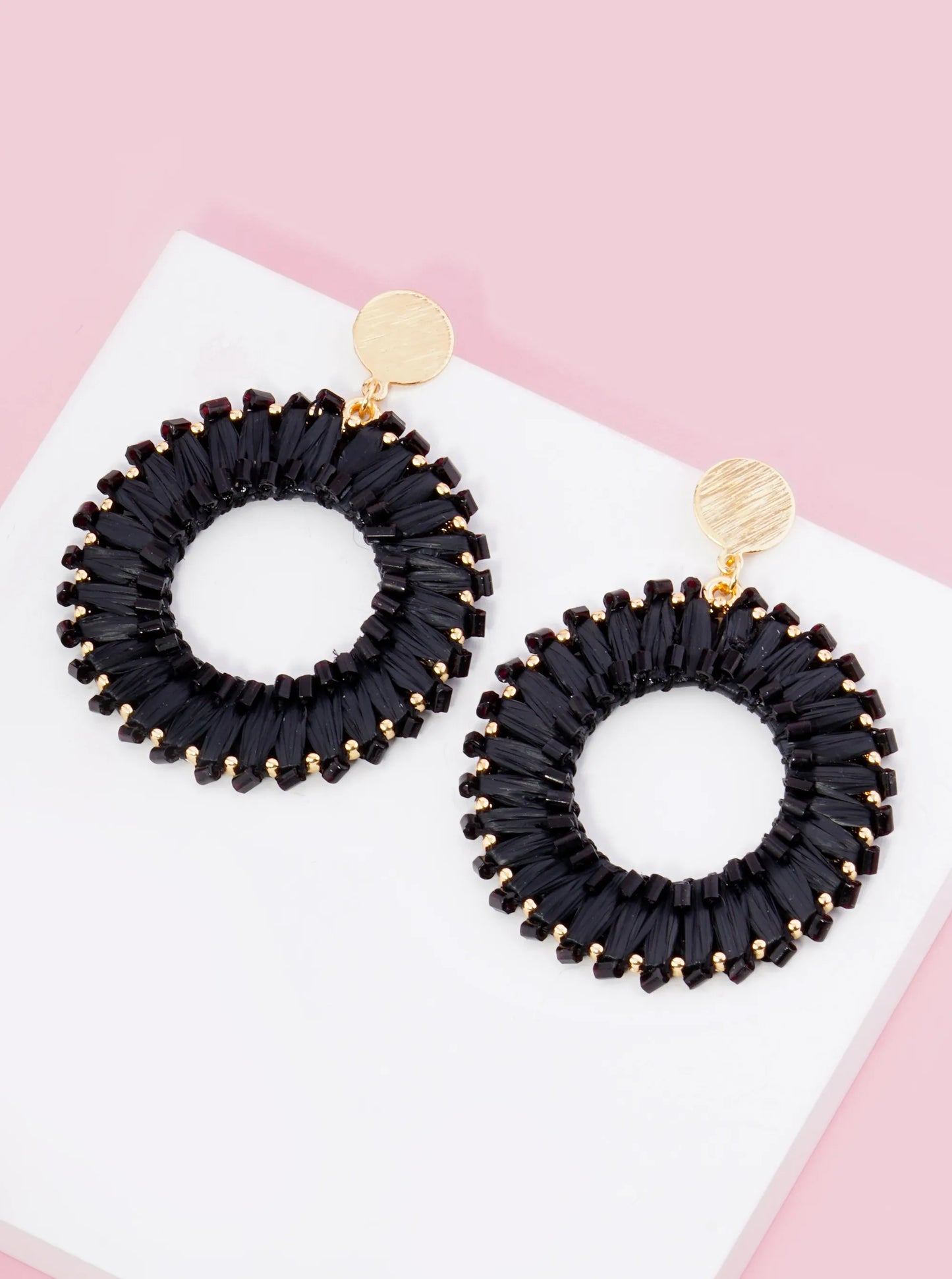 Cylinder Beaded Raffia Circle Drop Dangle Post Earrings