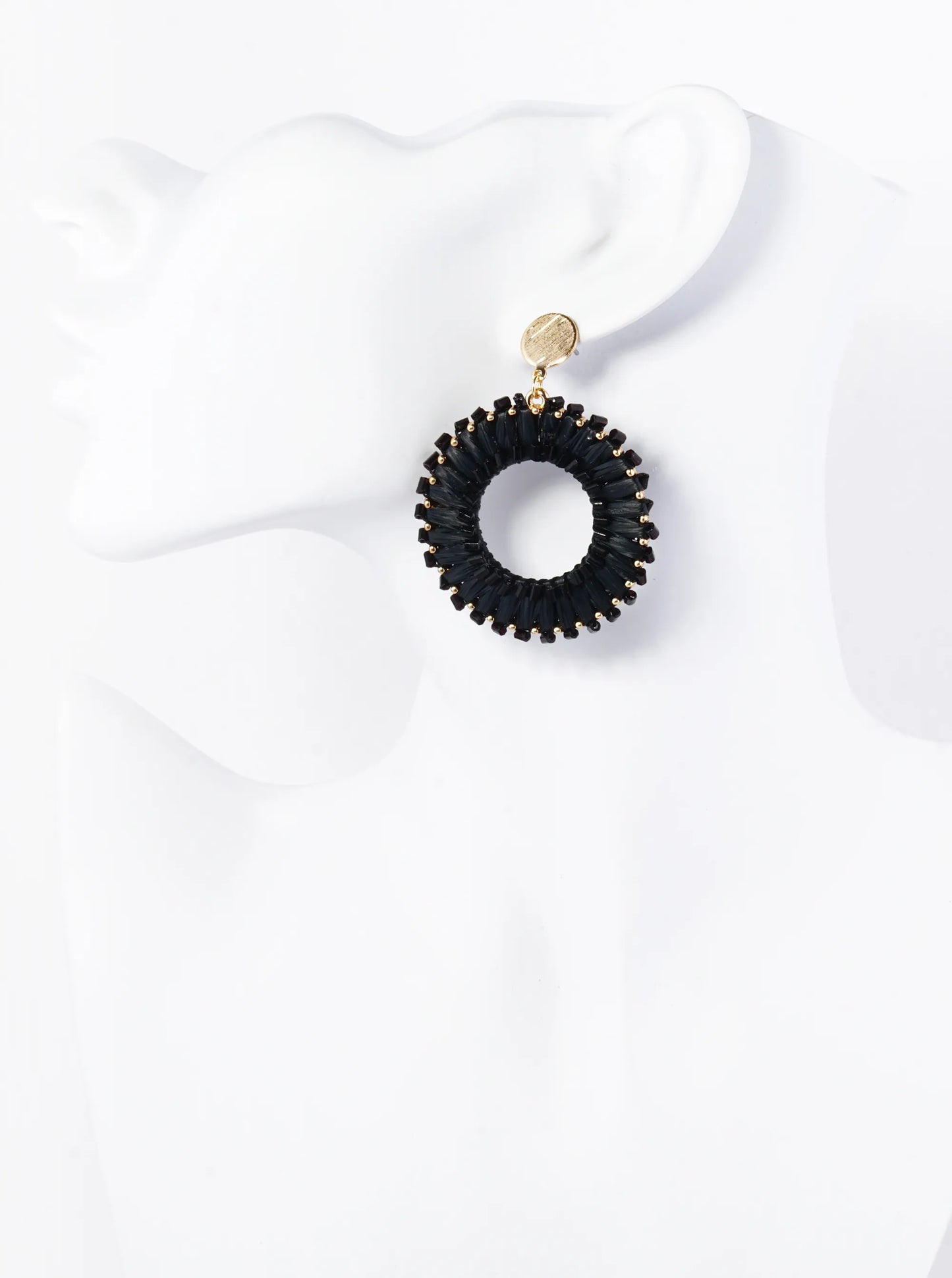 Cylinder Beaded Raffia Circle Drop Dangle Post Earrings