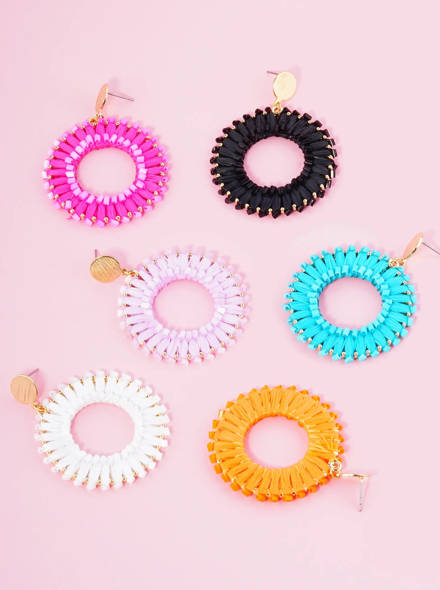 Cylinder Beaded Raffia Circle Drop Dangle Post Earrings