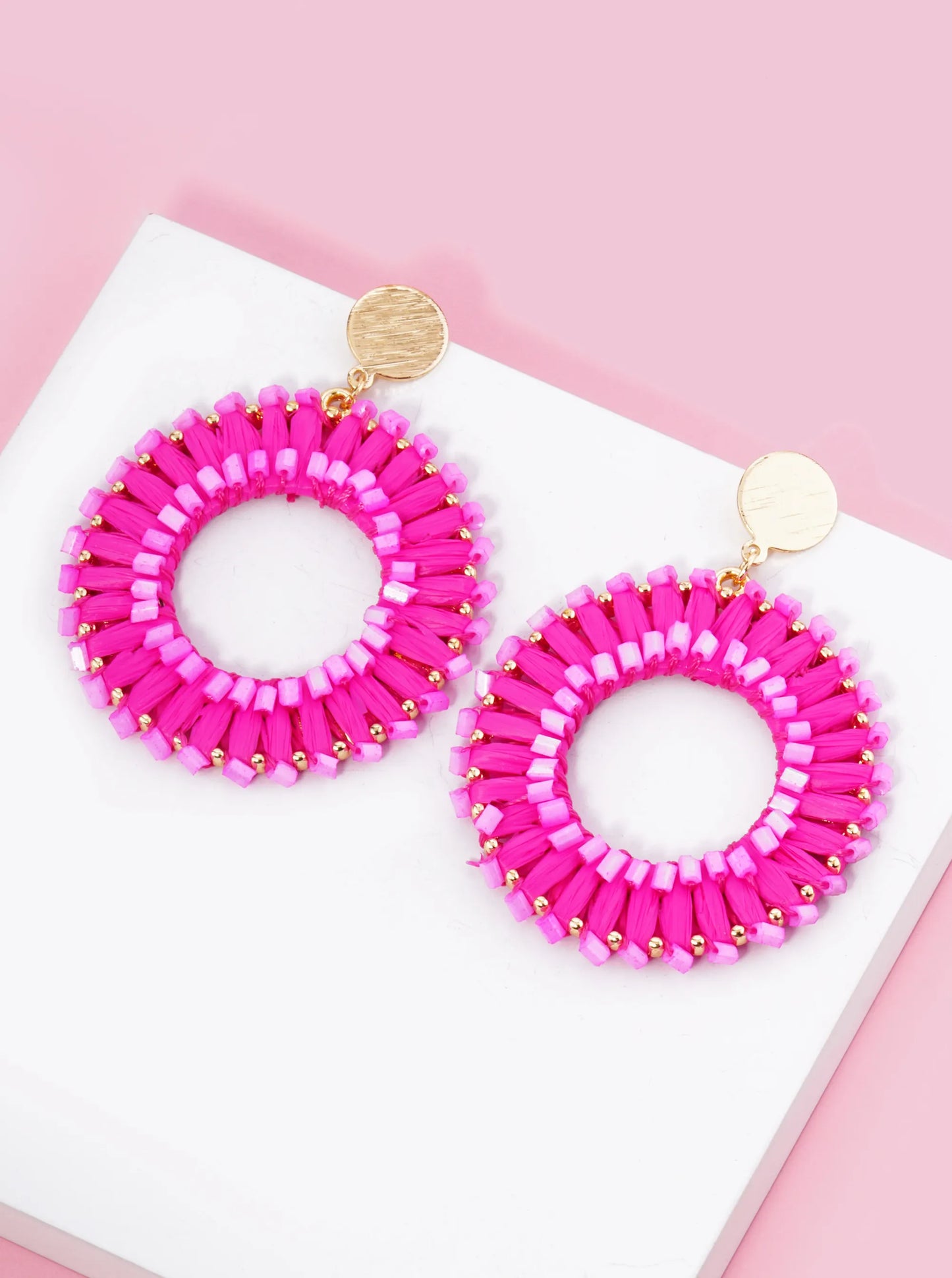 Cylinder Beaded Raffia Circle Drop Dangle Post Earrings