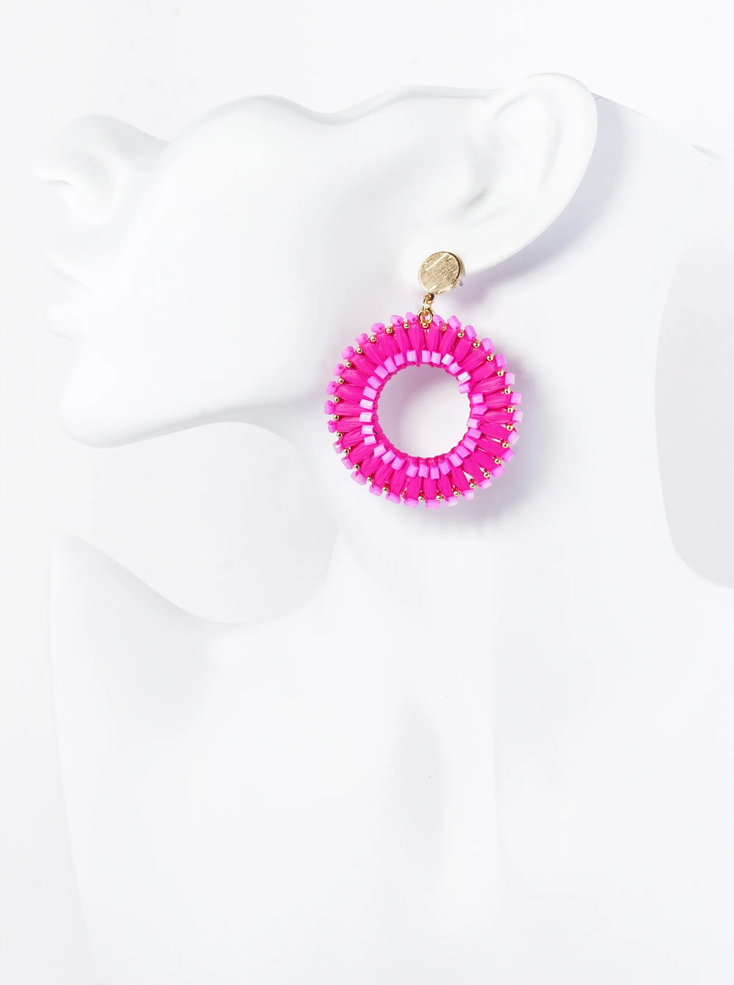 Cylinder Beaded Raffia Circle Drop Dangle Post Earrings