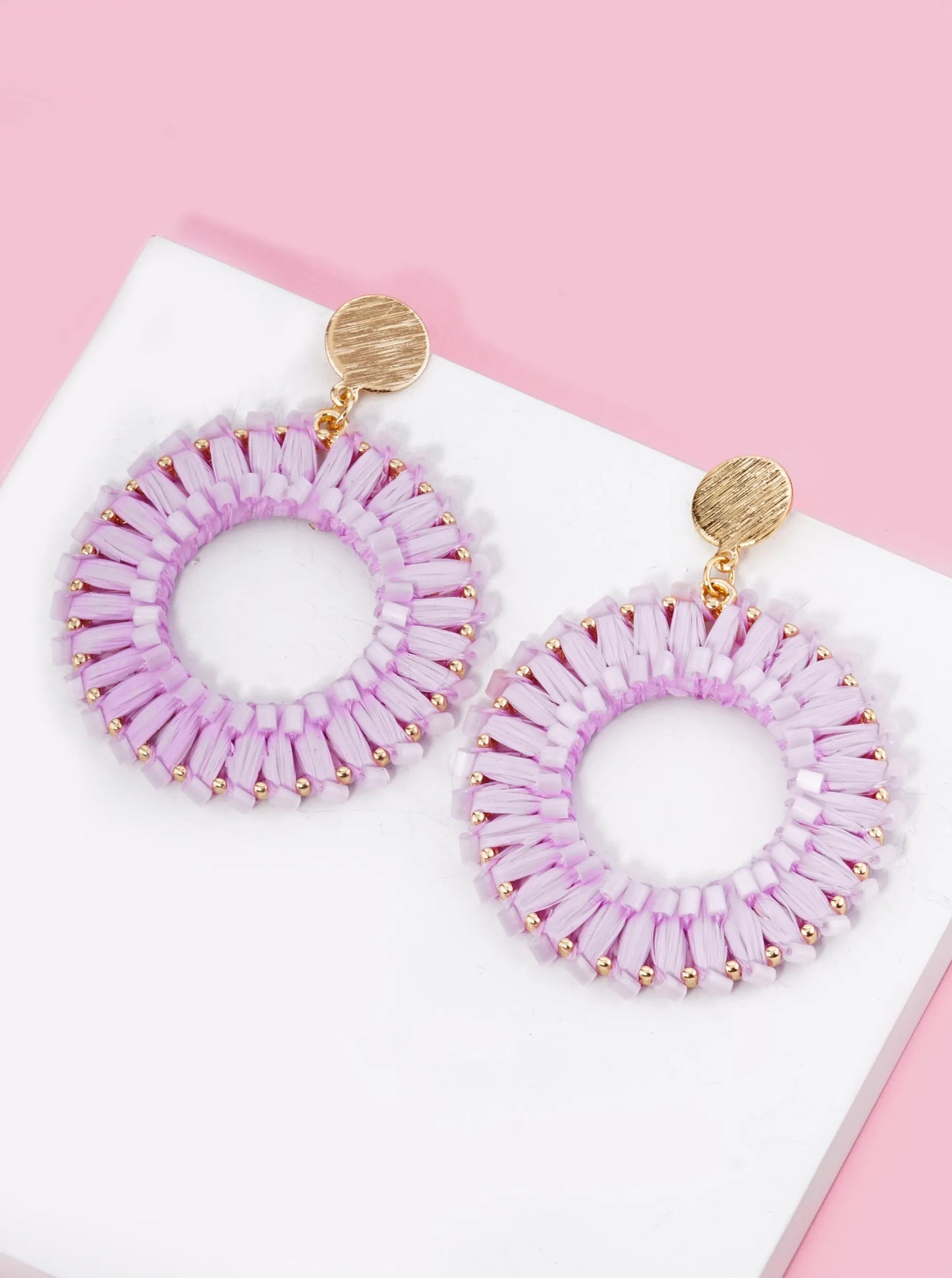 Cylinder Beaded Raffia Circle Drop Dangle Post Earrings