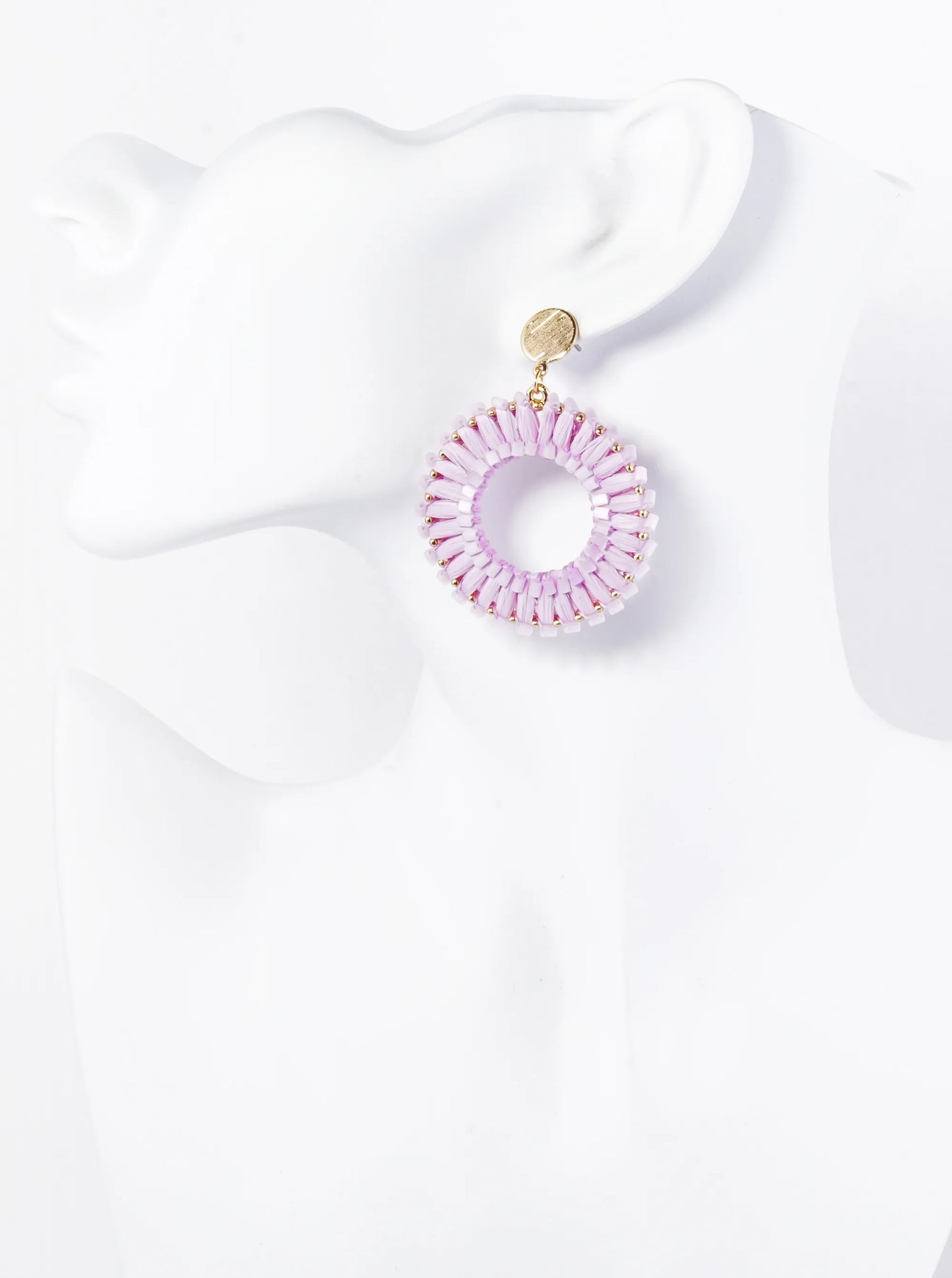 Cylinder Beaded Raffia Circle Drop Dangle Post Earrings