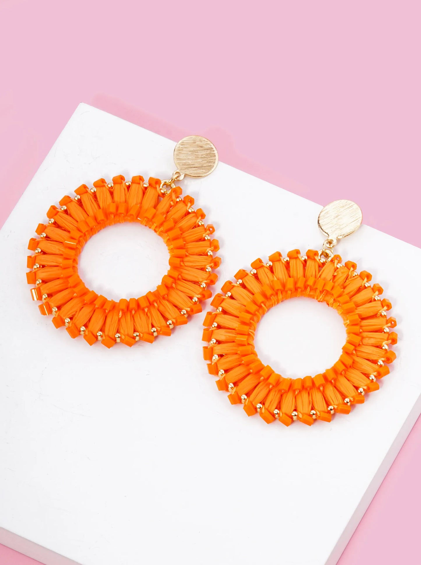 Cylinder Beaded Raffia Circle Drop Dangle Post Earrings