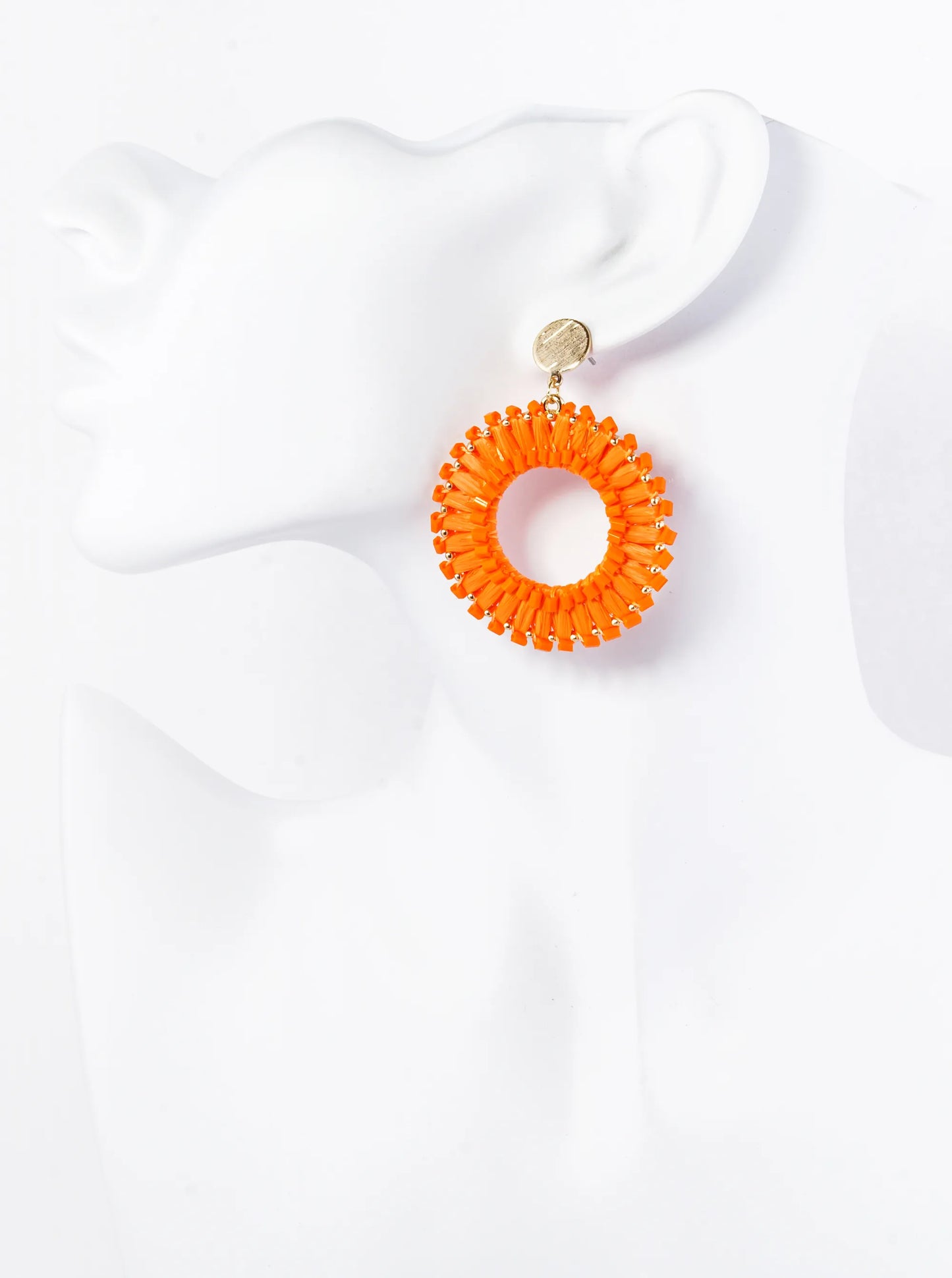 Cylinder Beaded Raffia Circle Drop Dangle Post Earrings