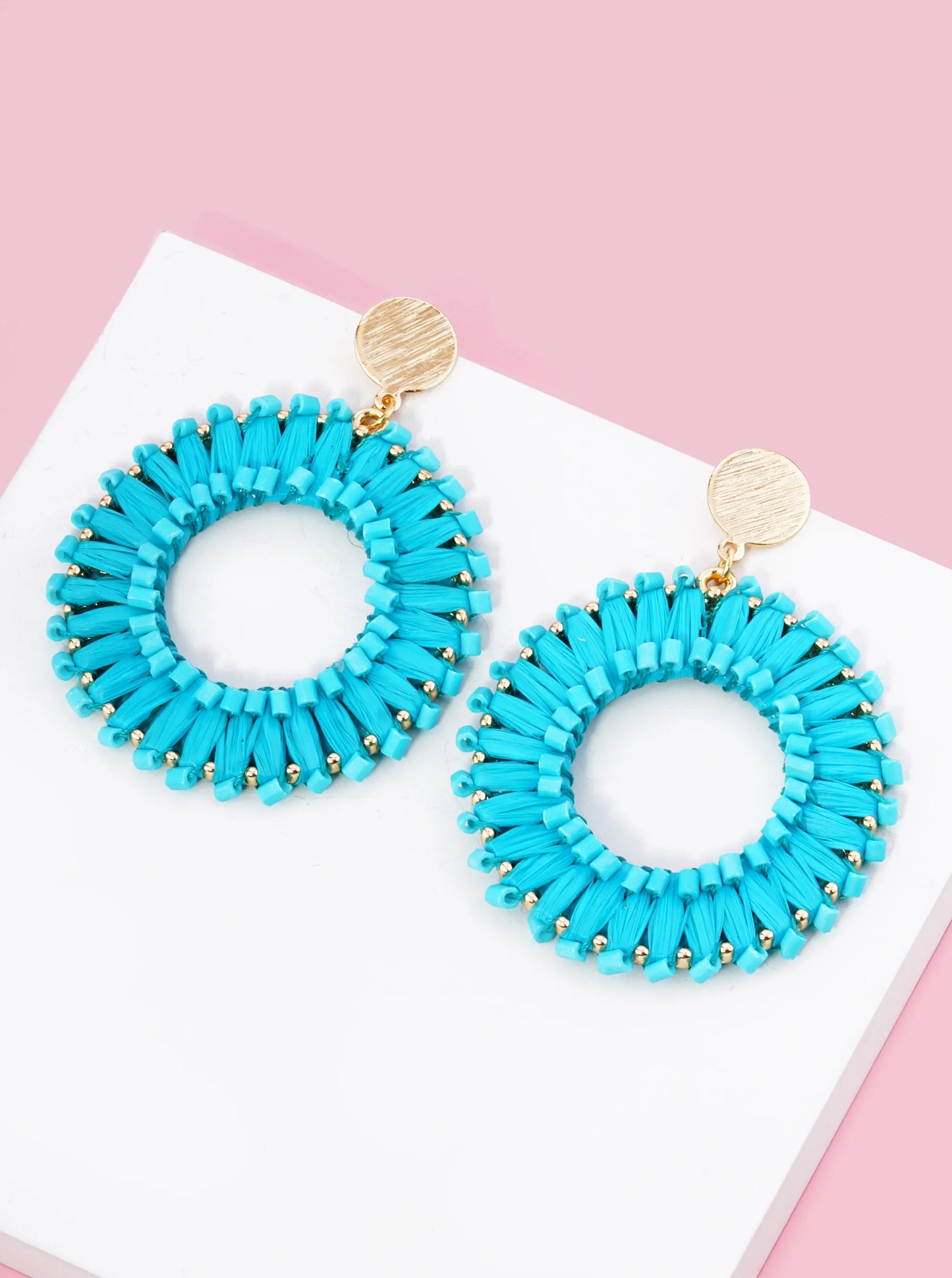 Cylinder Beaded Raffia Circle Drop Dangle Post Earrings