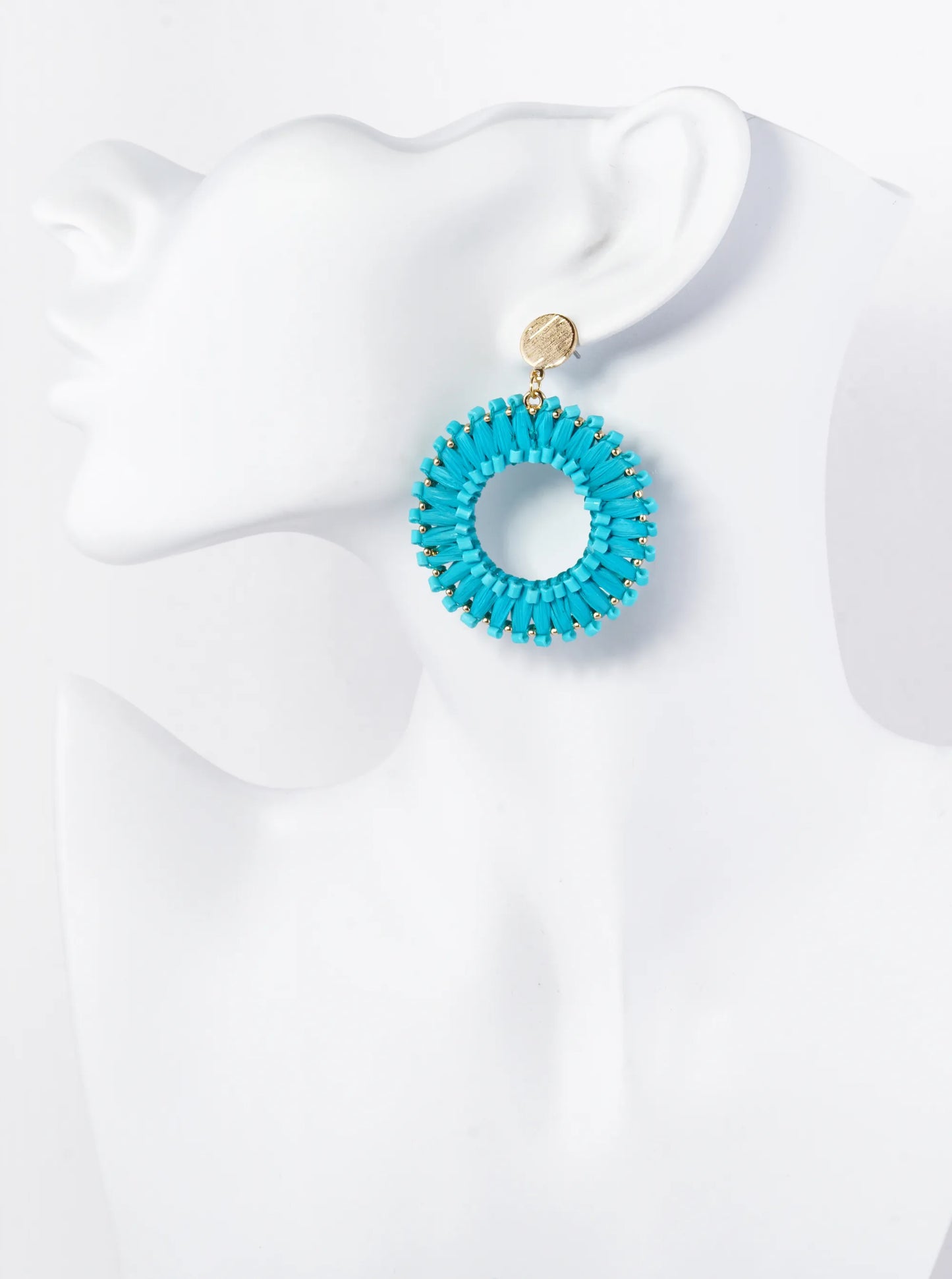 Cylinder Beaded Raffia Circle Drop Dangle Post Earrings