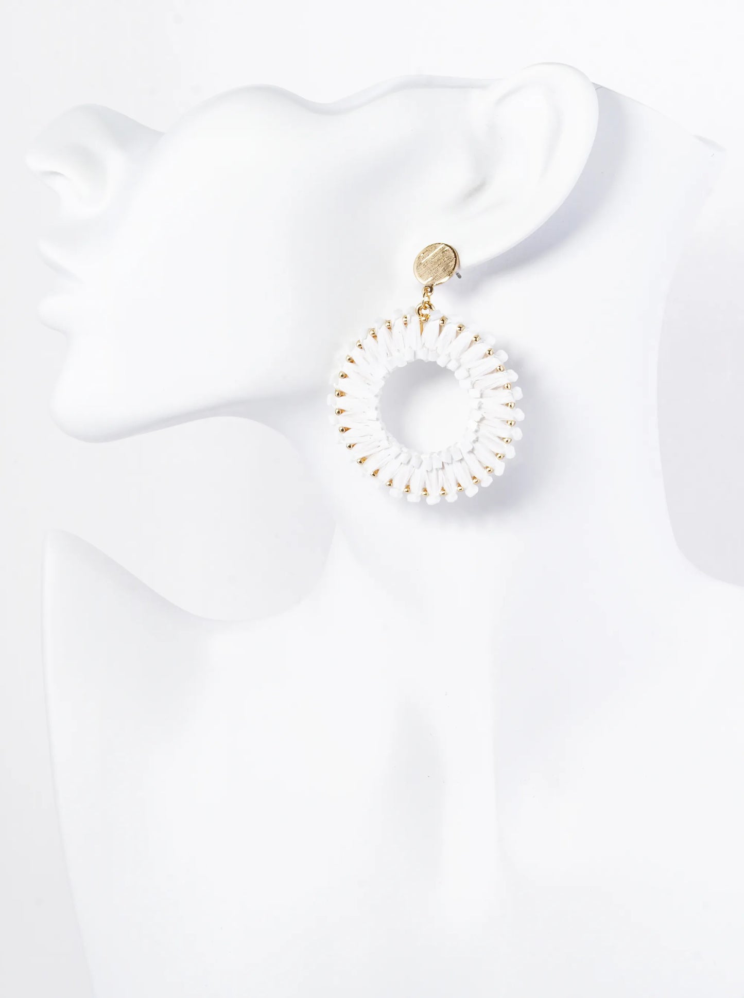 Cylinder Beaded Raffia Circle Drop Dangle Post Earrings