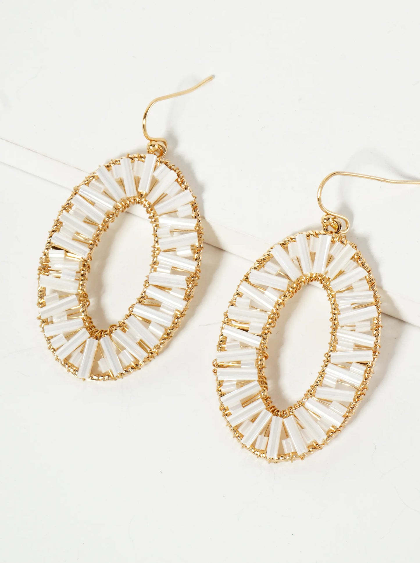 Cylinder Beads Wire Wrapped Oval Dangle Earrings