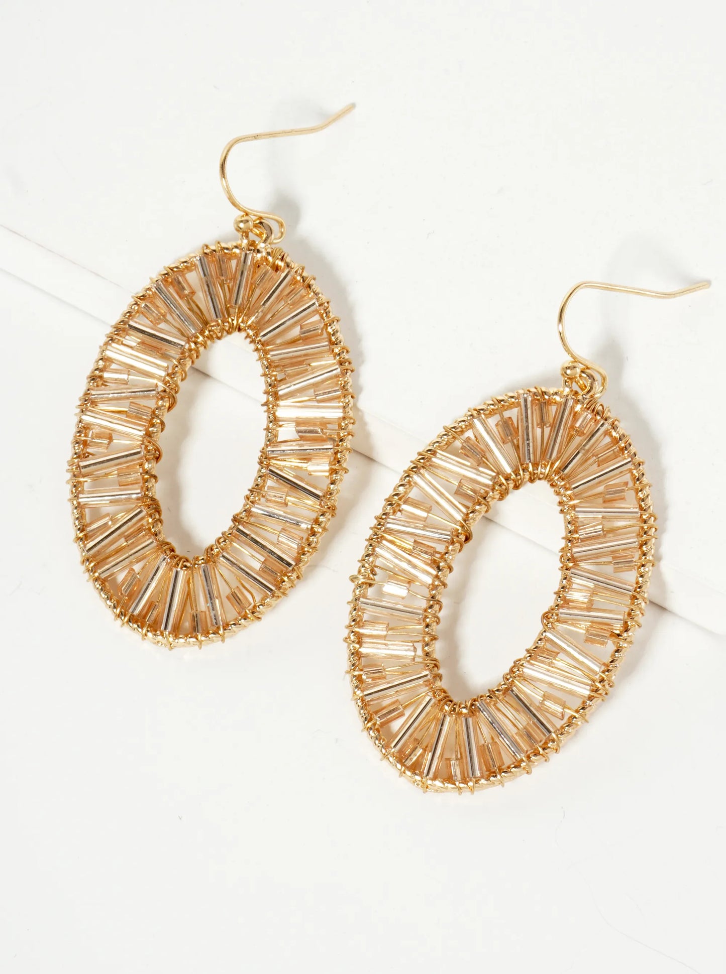 Cylinder Beads Wire Wrapped Oval Dangle Earrings