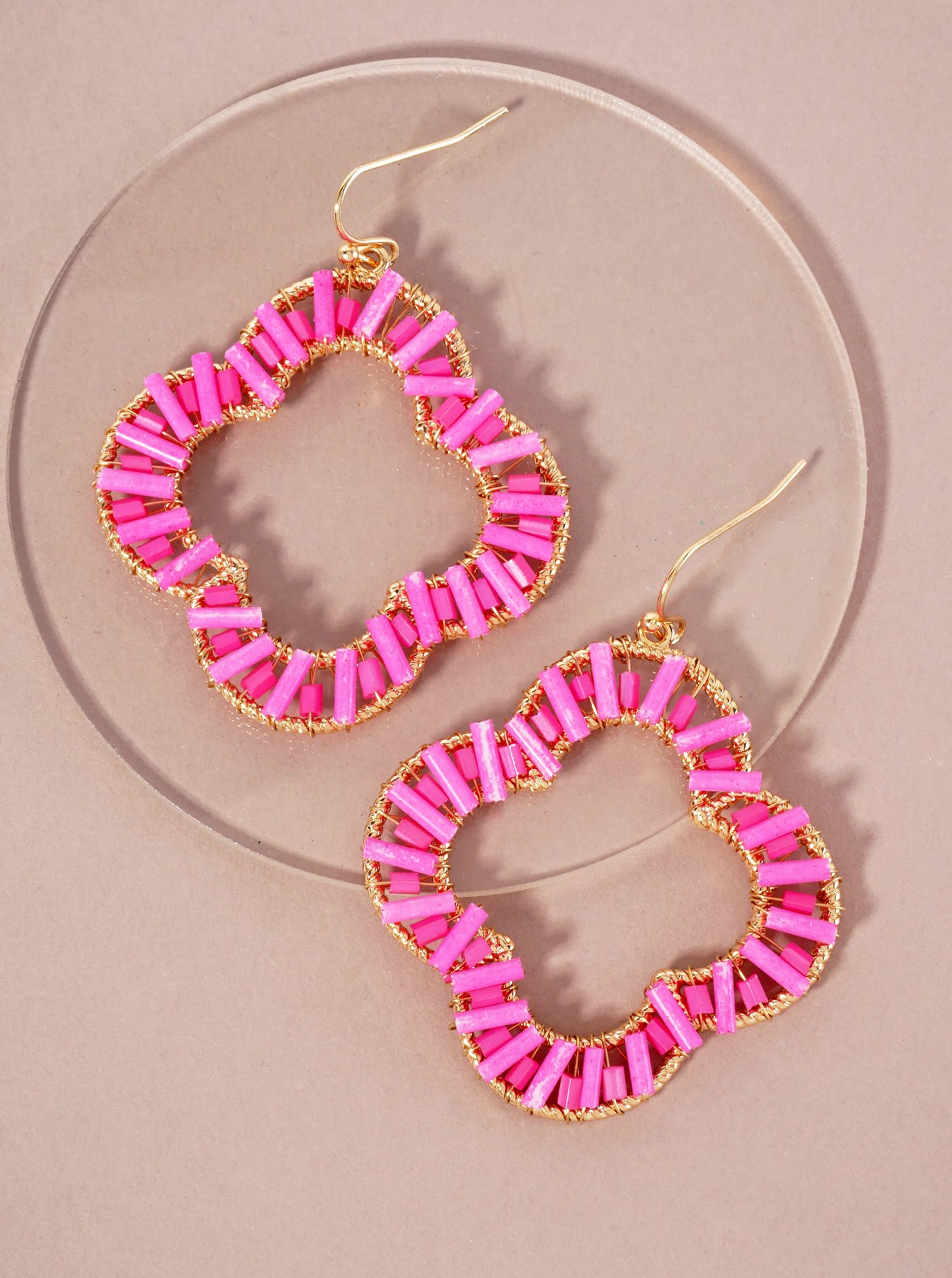 Cylinder-Beads Wire-Wrapped Quatrefoil Dangle Drop Earrings