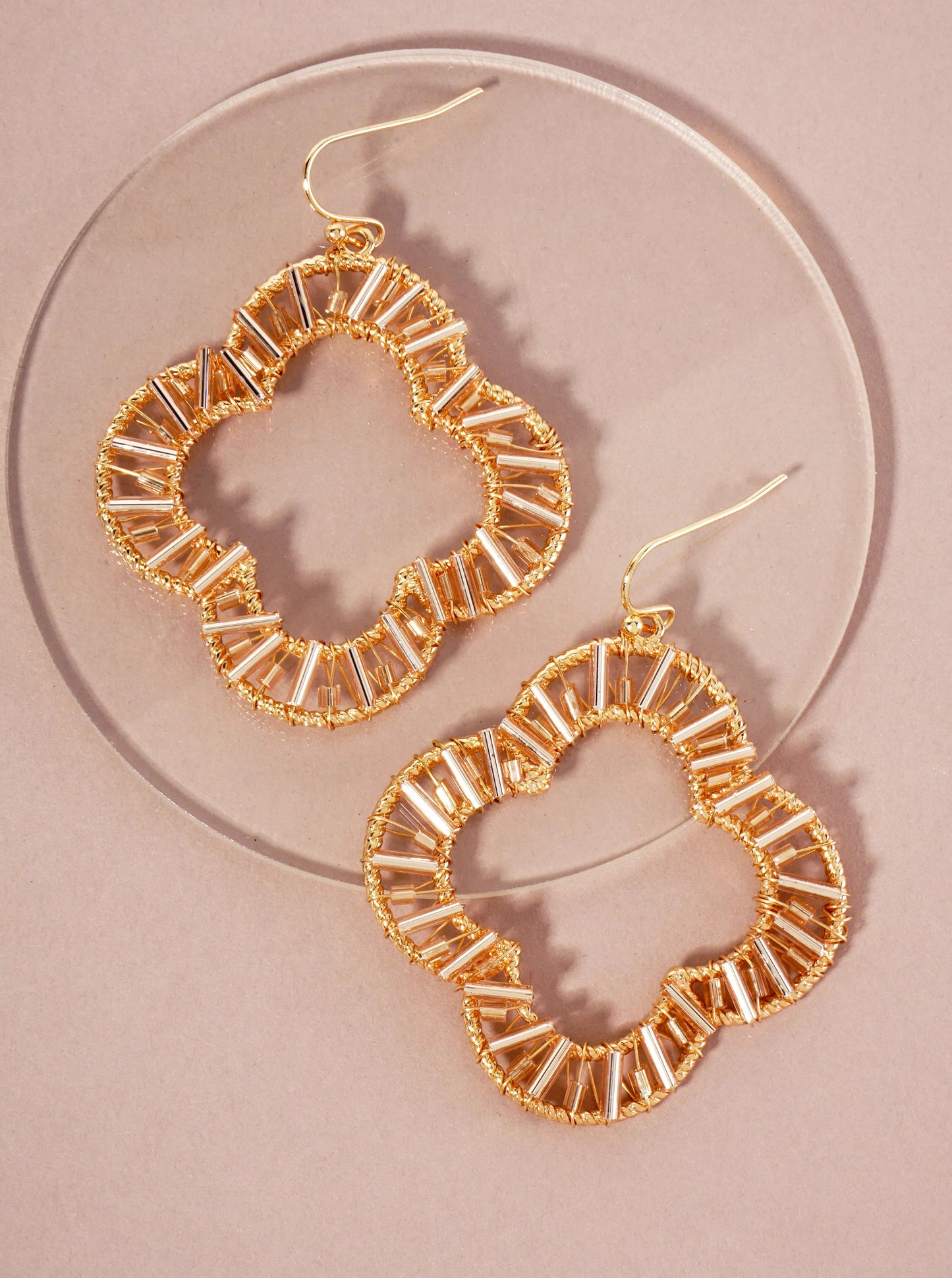 Cylinder-Beads Wire-Wrapped Quatrefoil Dangle Drop Earrings
