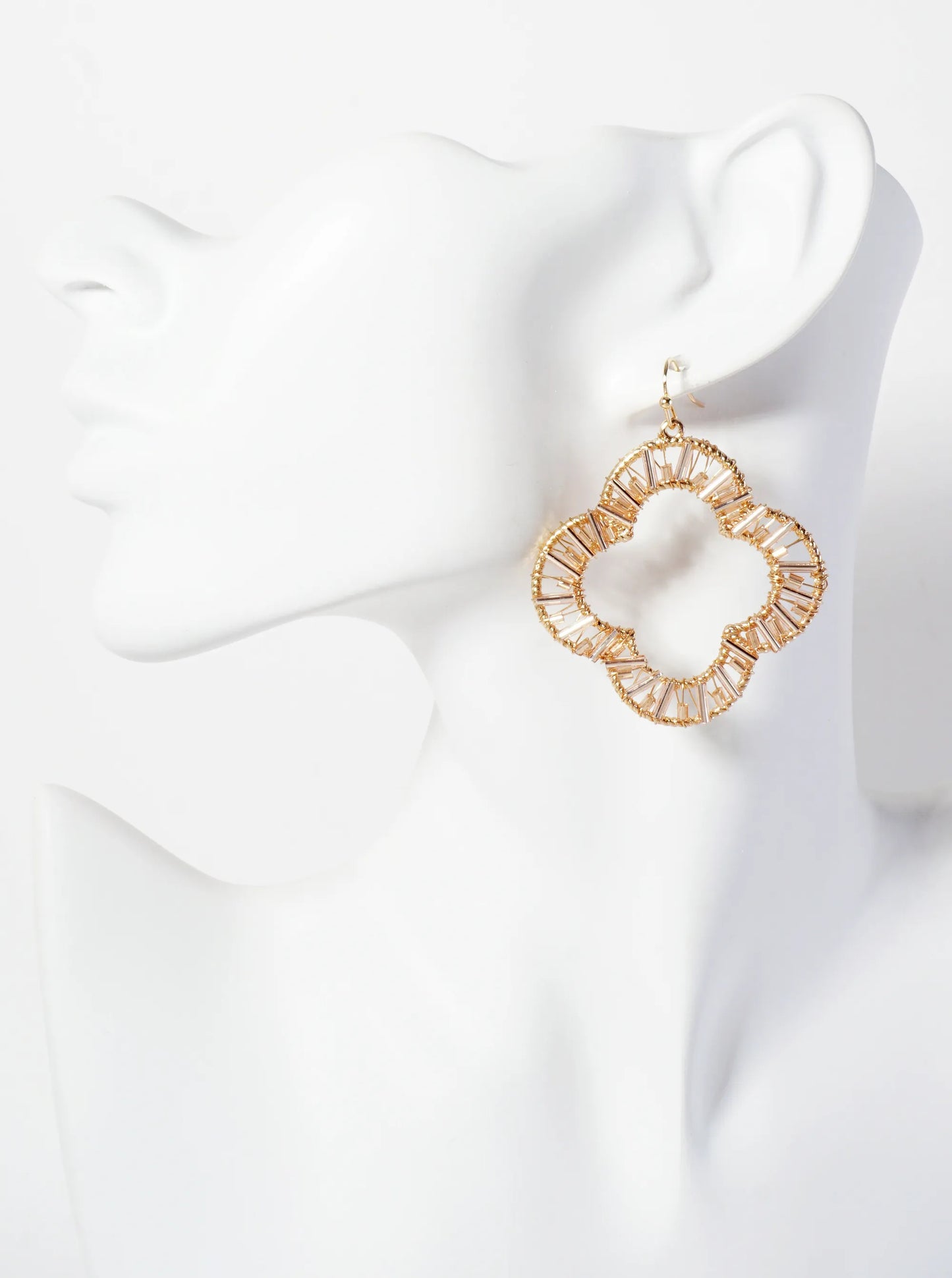 Cylinder-Beads Wire-Wrapped Quatrefoil Dangle Drop Earrings