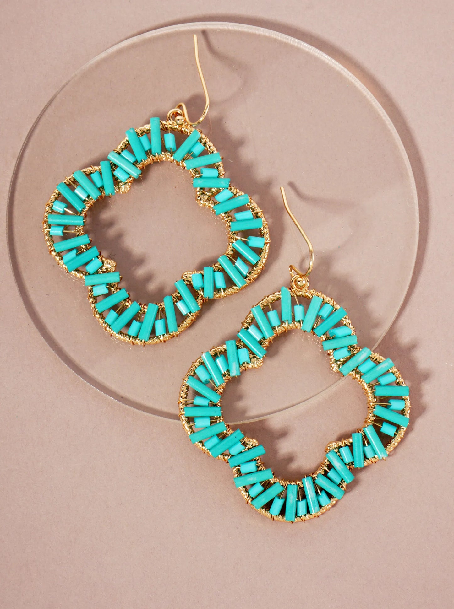 Cylinder-Beads Wire-Wrapped Quatrefoil Dangle Drop Earrings