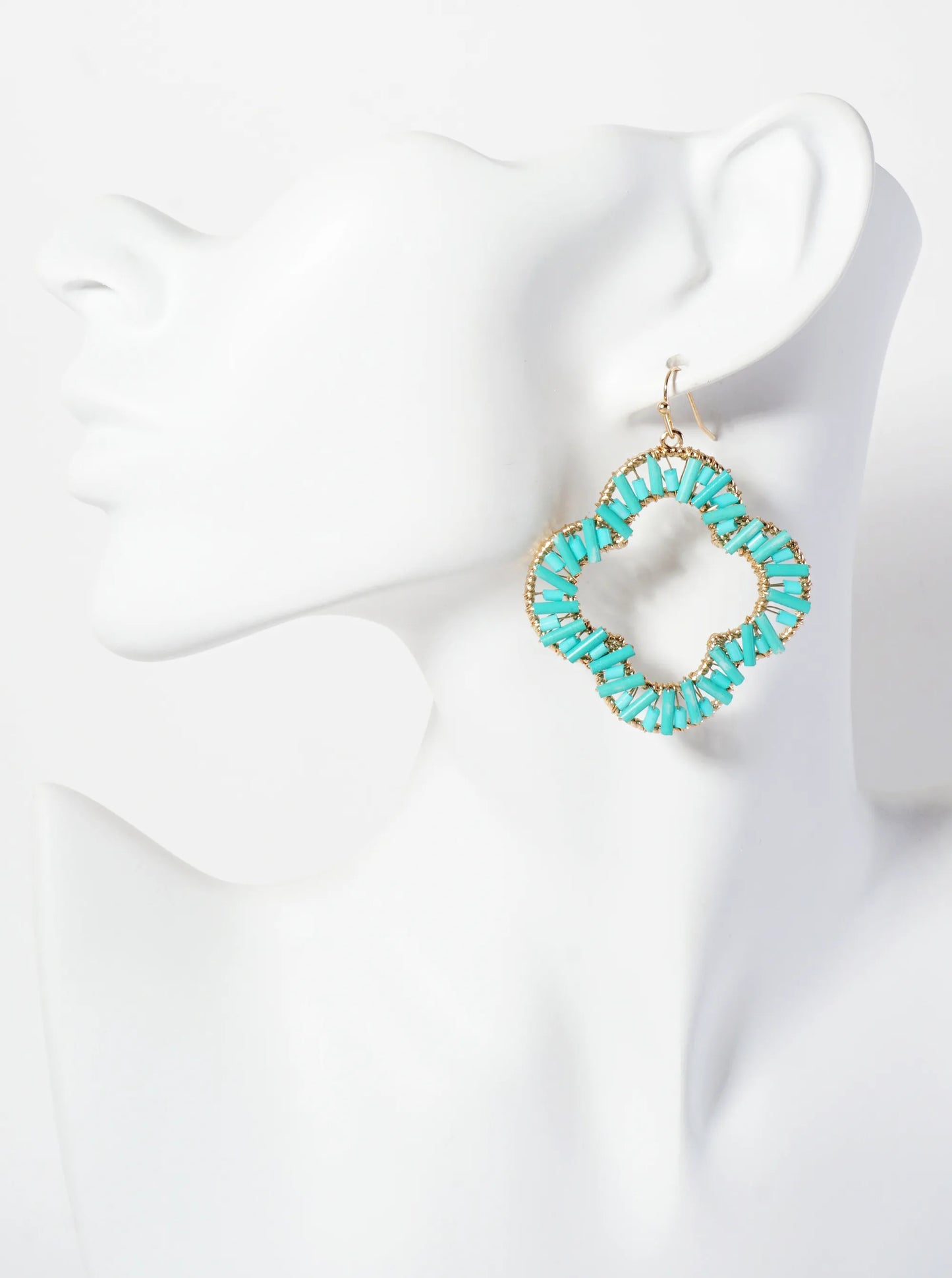 Cylinder-Beads Wire-Wrapped Quatrefoil Dangle Drop Earrings