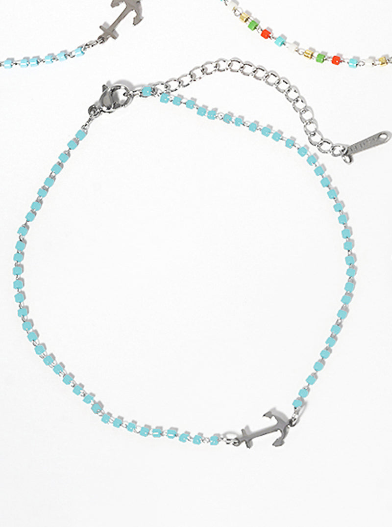 Cylinder Glass Bead With Anchor Stainless Steel Anklet