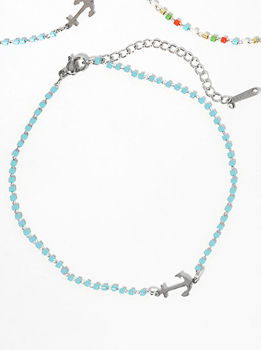 Cylinder Glass Bead With Anchor Stainless Steel Anklet