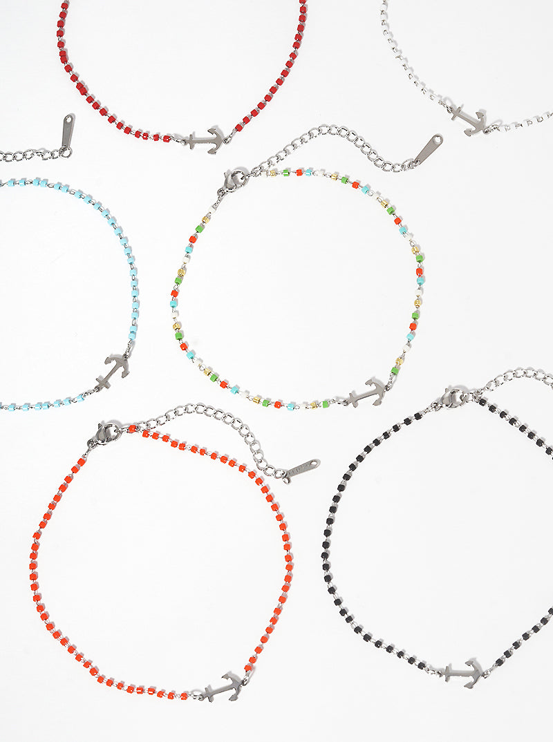 Cylinder Glass Bead With Anchor Stainless Steel Anklet